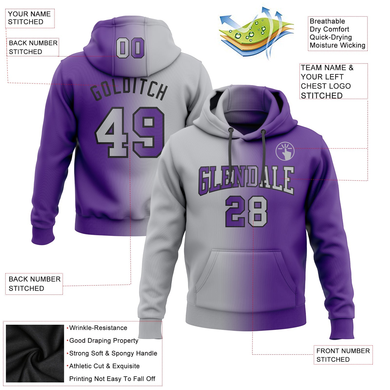 Custom Gradient Fashion Purple Gray-Black Sports Pullover Sweatshirt Hoodie