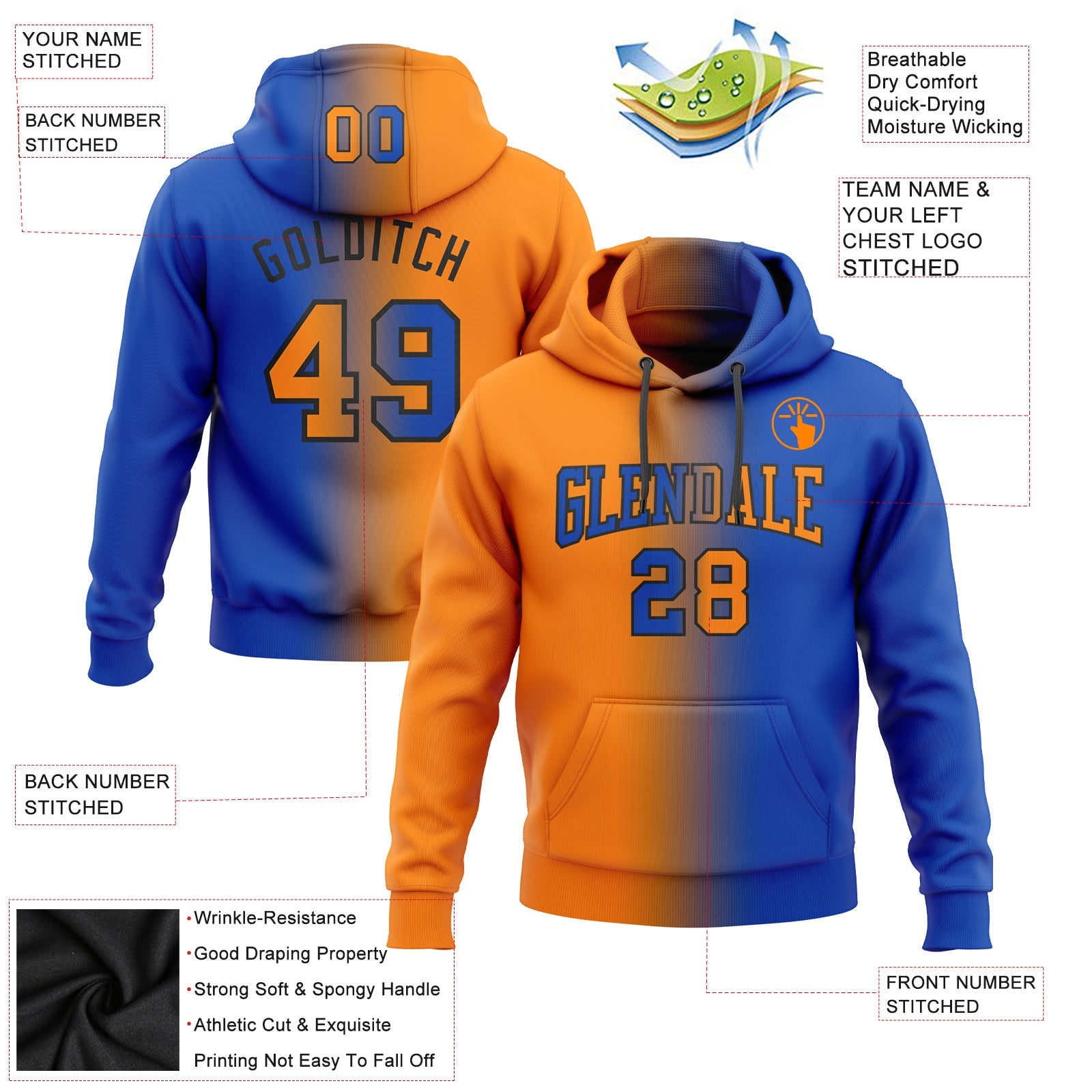 Custom Gradient Fashion Thunder Blue Bay Orange-Black Sports Pullover Sweatshirt Hoodie