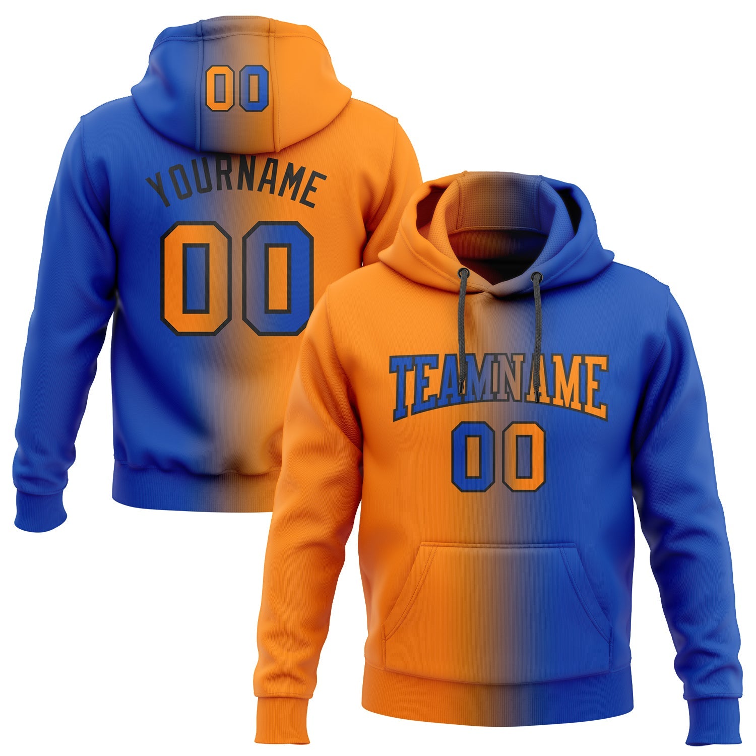 Custom Gradient Fashion Thunder Blue Bay Orange-Black Sports Pullover Sweatshirt Hoodie