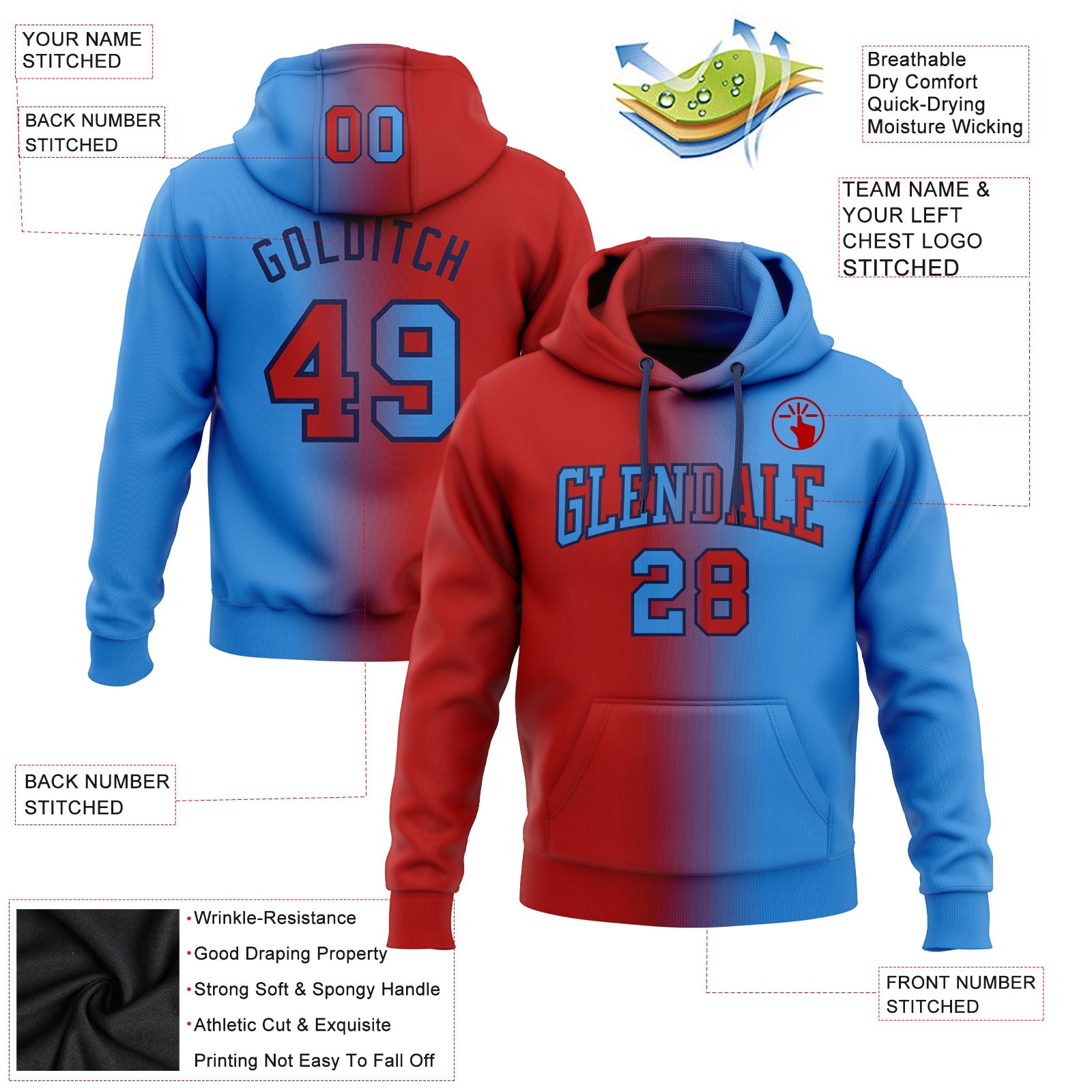 Custom Gradient Fashion Electric Blue Red-Navy Sports Pullover Sweatshirt Hoodie