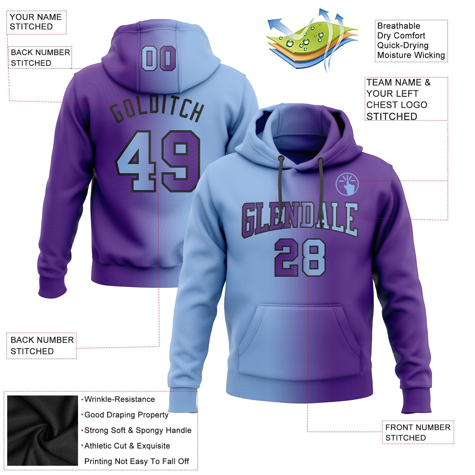 Custom Gradient Fashion Purple Light Blue-Black Sports Pullover Sweatshirt Hoodie