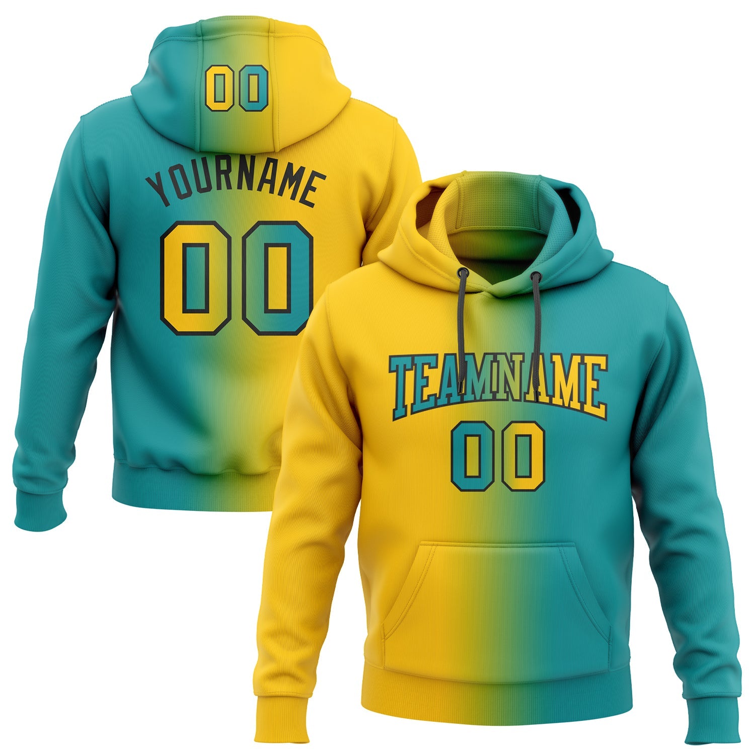Custom Gradient Fashion Teal Yellow-Black Sports Pullover Sweatshirt Hoodie
