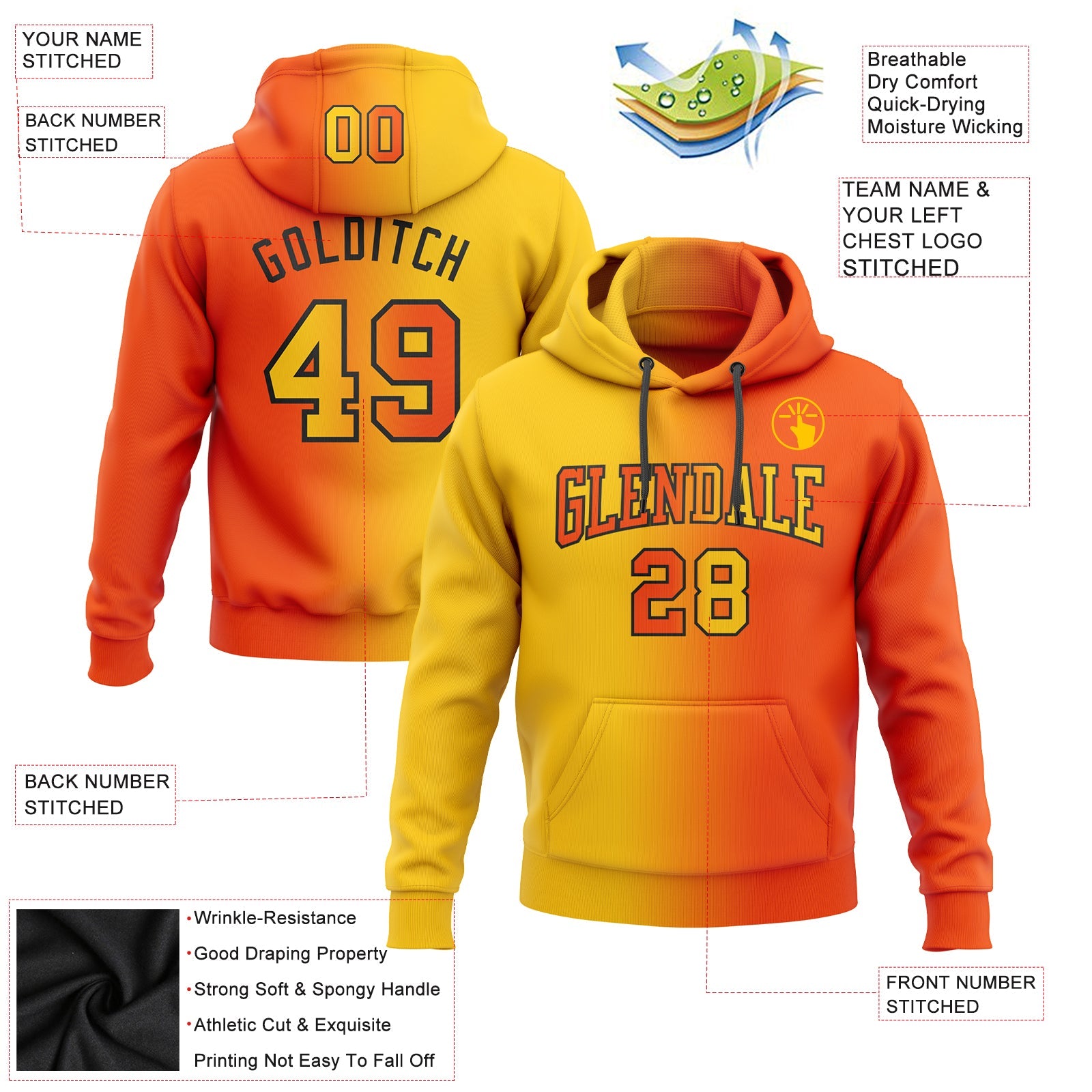 Custom Gradient Fashion Orange Yellow-Black Sports Pullover Sweatshirt Hoodie