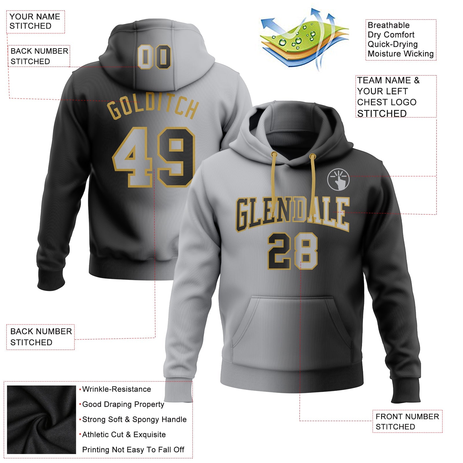 Custom Gradient Fashion Black Gray-Old Gold Sports Pullover Sweatshirt Hoodie