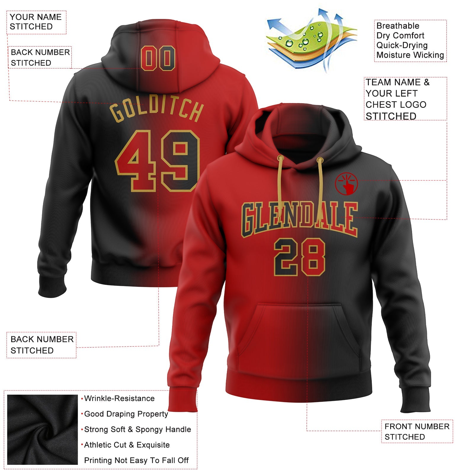 Custom Gradient Fashion Black Red-Old Gold Sports Pullover Sweatshirt Hoodie