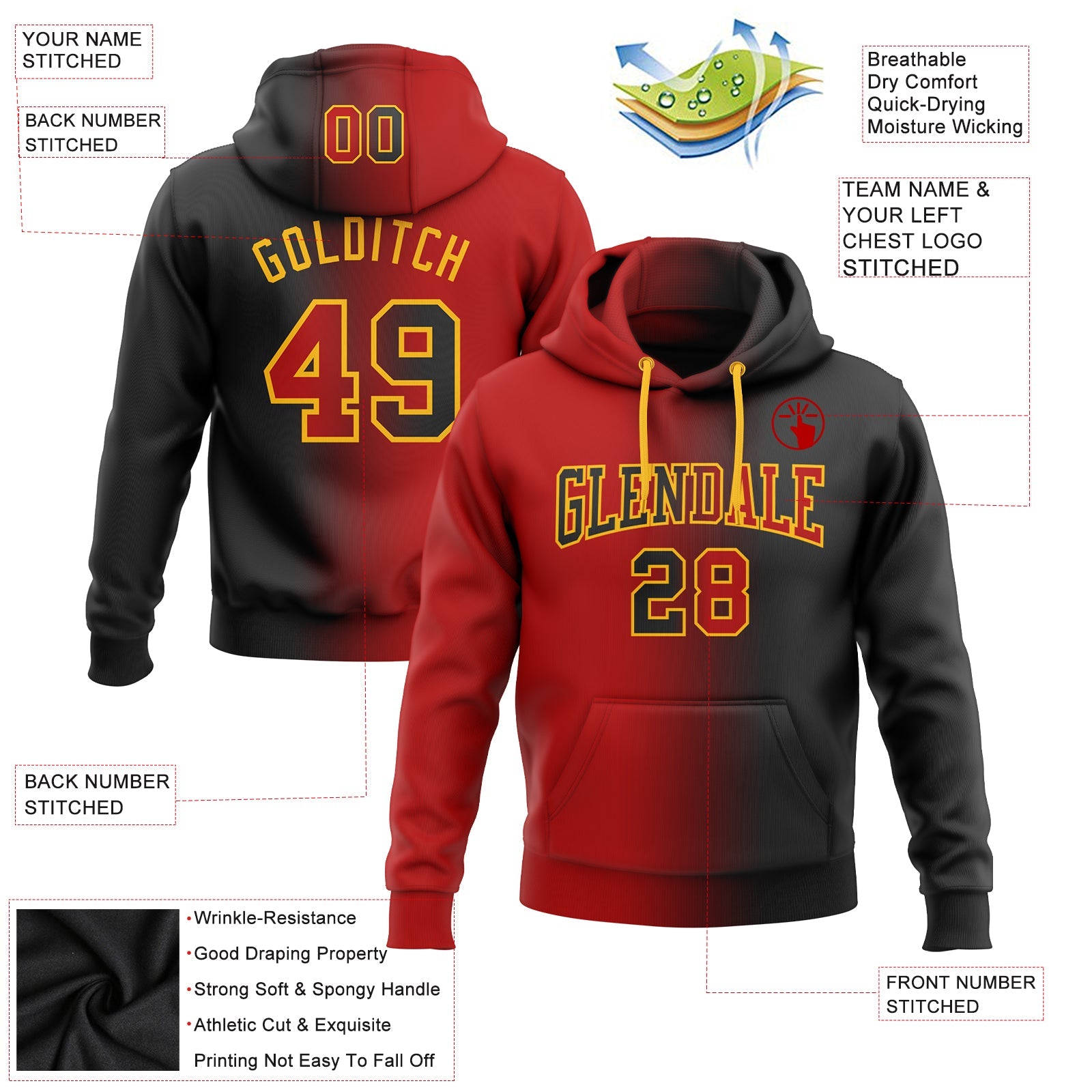 Custom Gradient Fashion Black Red-Gold Sports Pullover Sweatshirt Hoodie