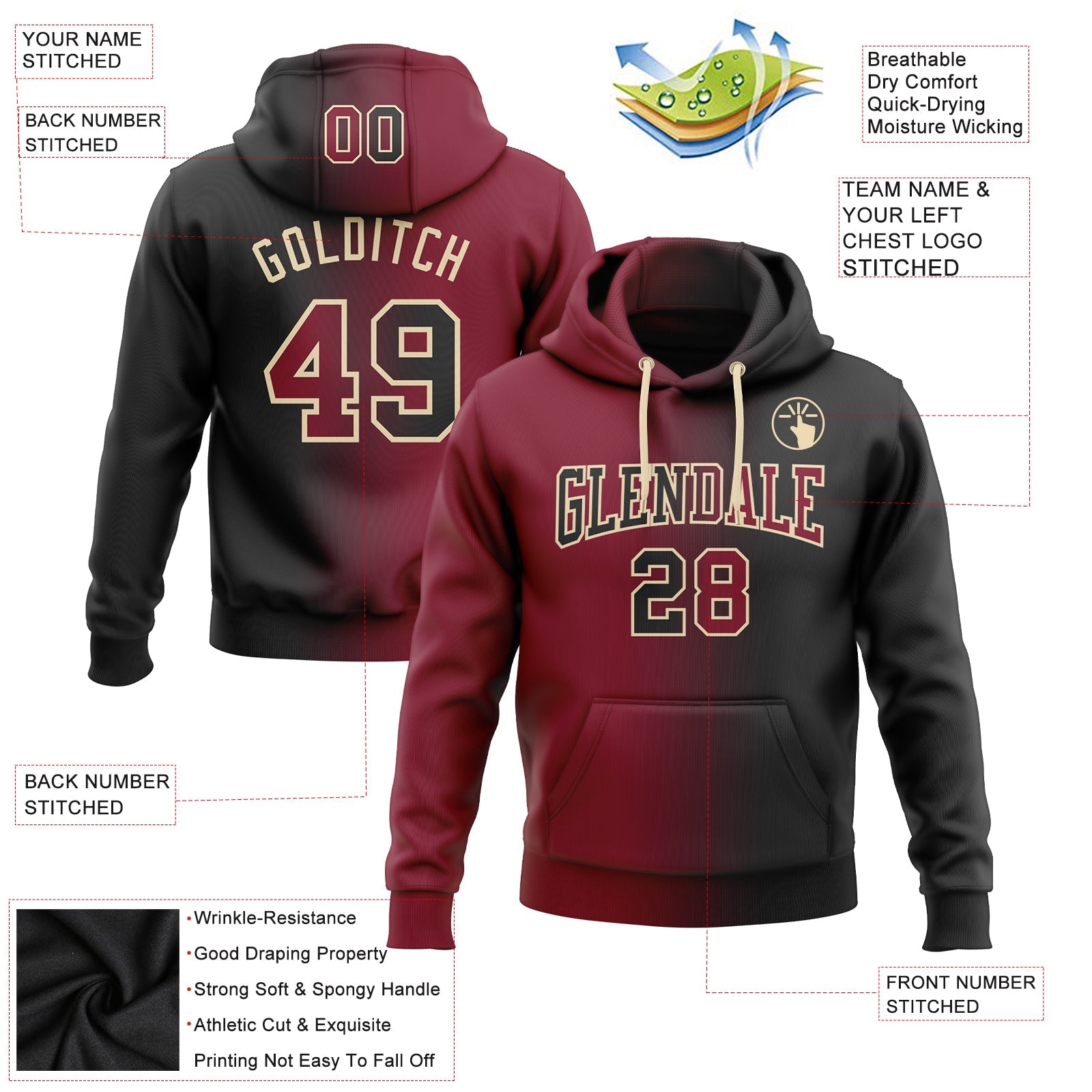 Custom Gradient Fashion Black Crimson-City Cream Sports Pullover Sweatshirt Hoodie