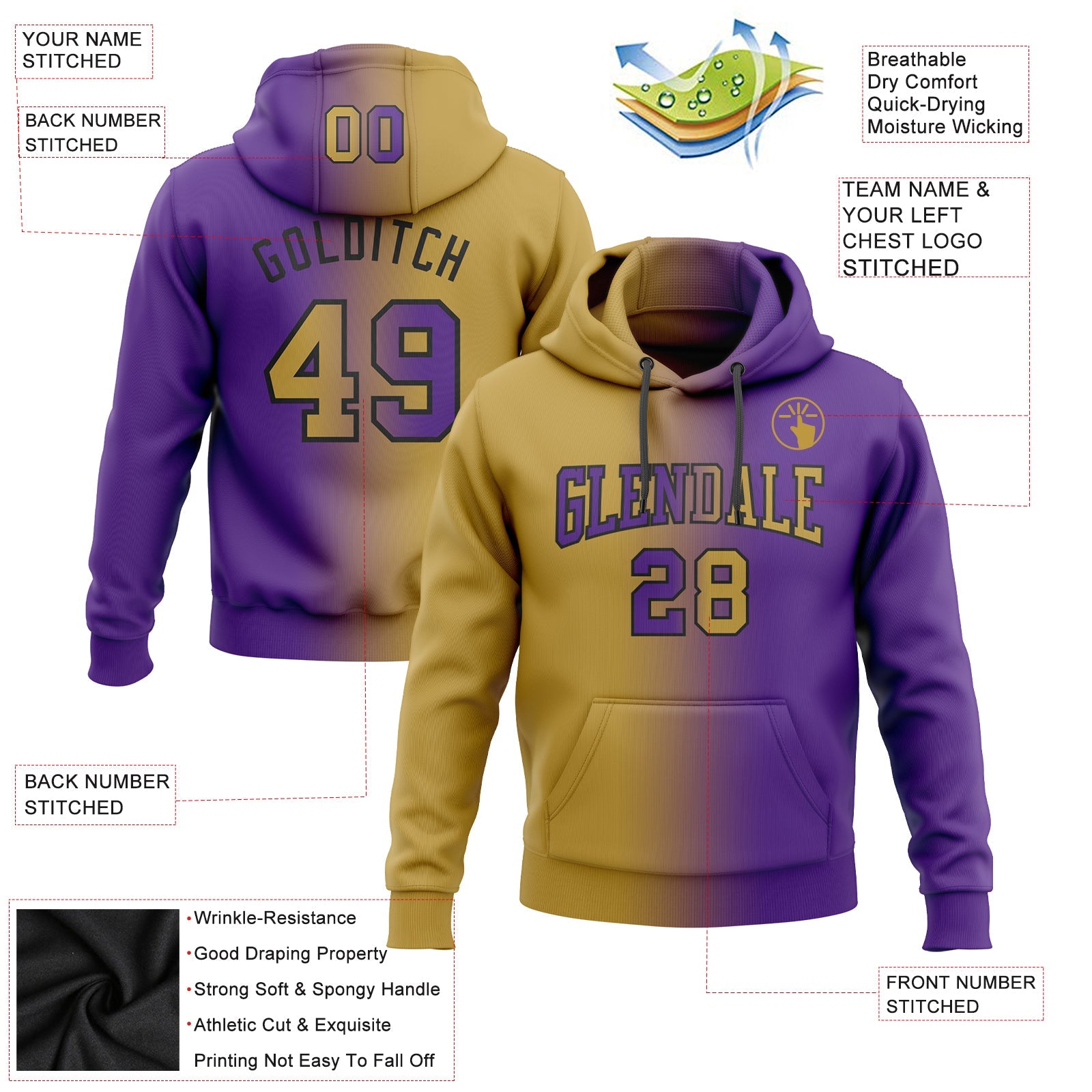 Custom Gradient Fashion Purple Old Gold-Black Sports Pullover Sweatshirt Hoodie