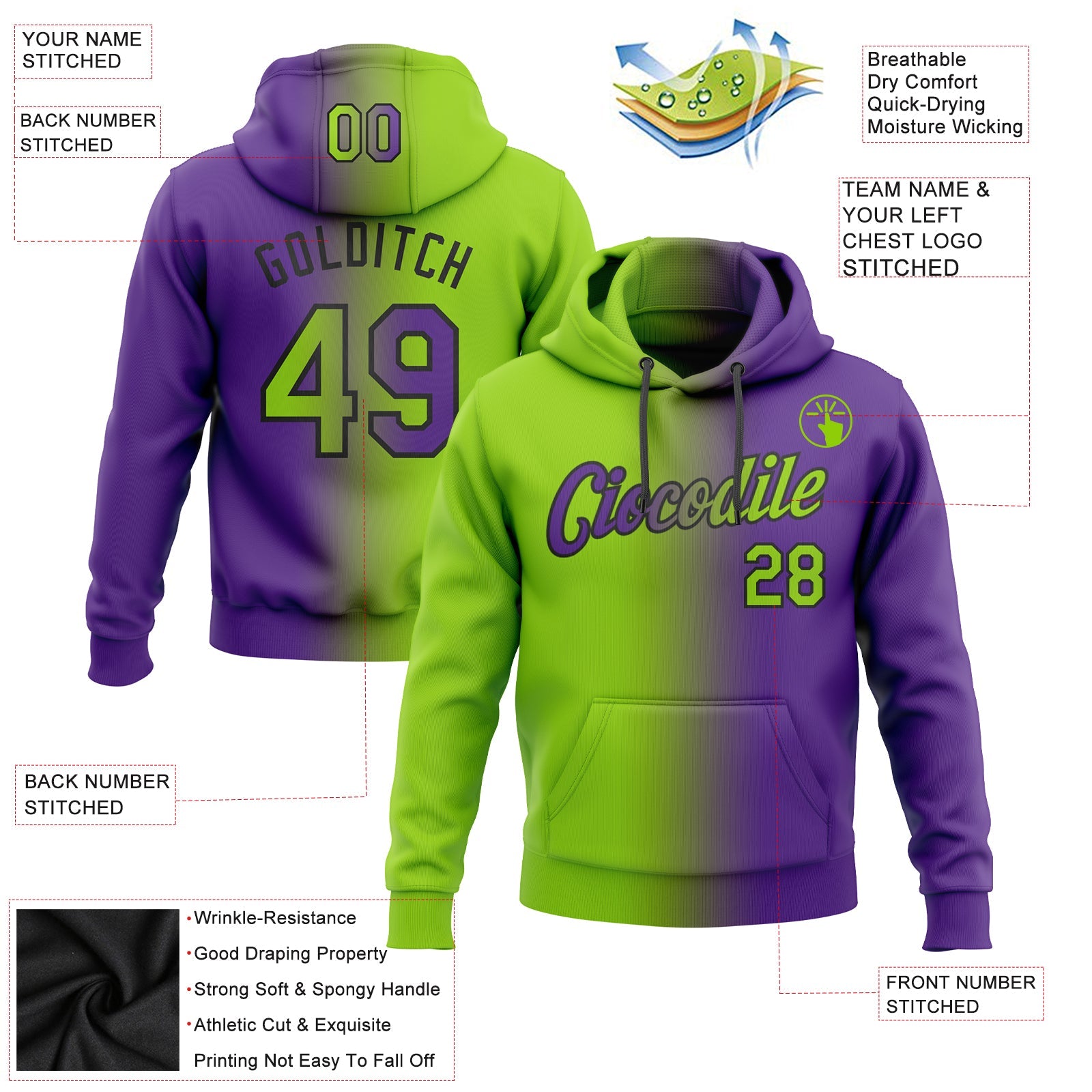 Custom Gradient Fashion Purple Neon Green-Black Sports Pullover Sweatshirt Hoodie