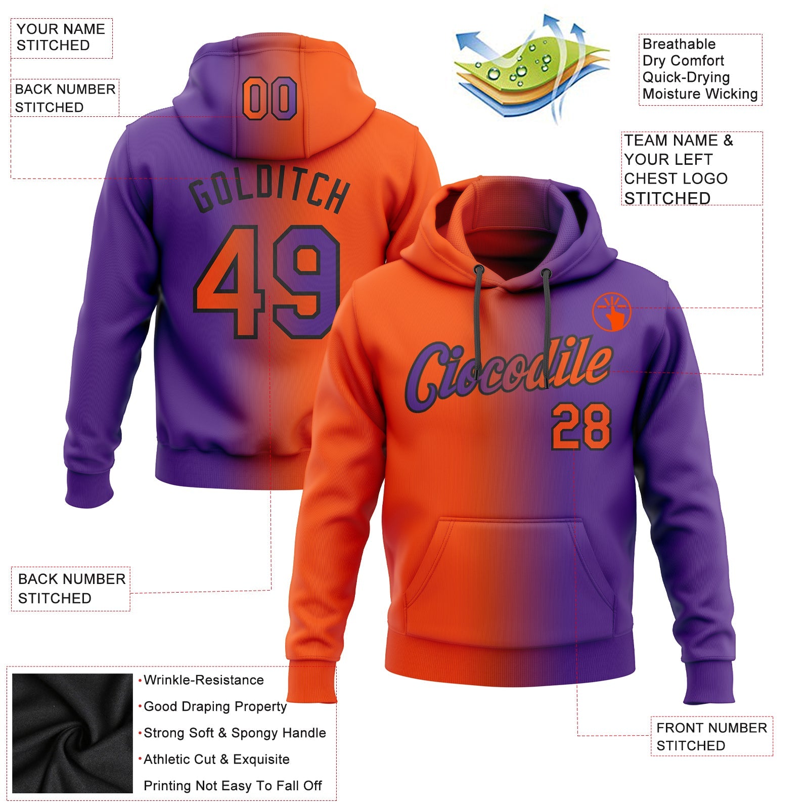 Custom Gradient Fashion Purple Orange-Black Sports Pullover Sweatshirt Hoodie