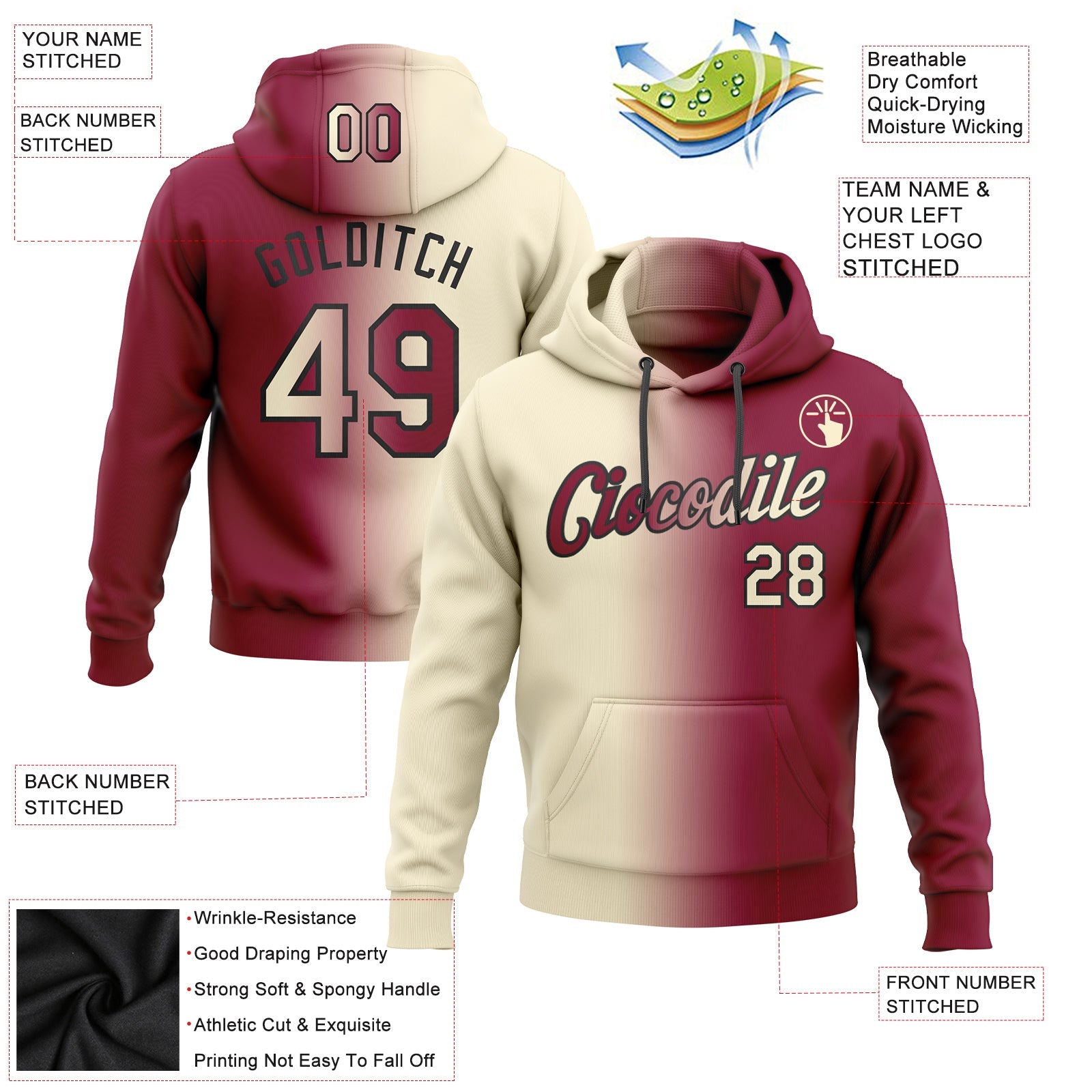 Custom Gradient Fashion Maroon Cream-Black Sports Pullover Sweatshirt Hoodie
