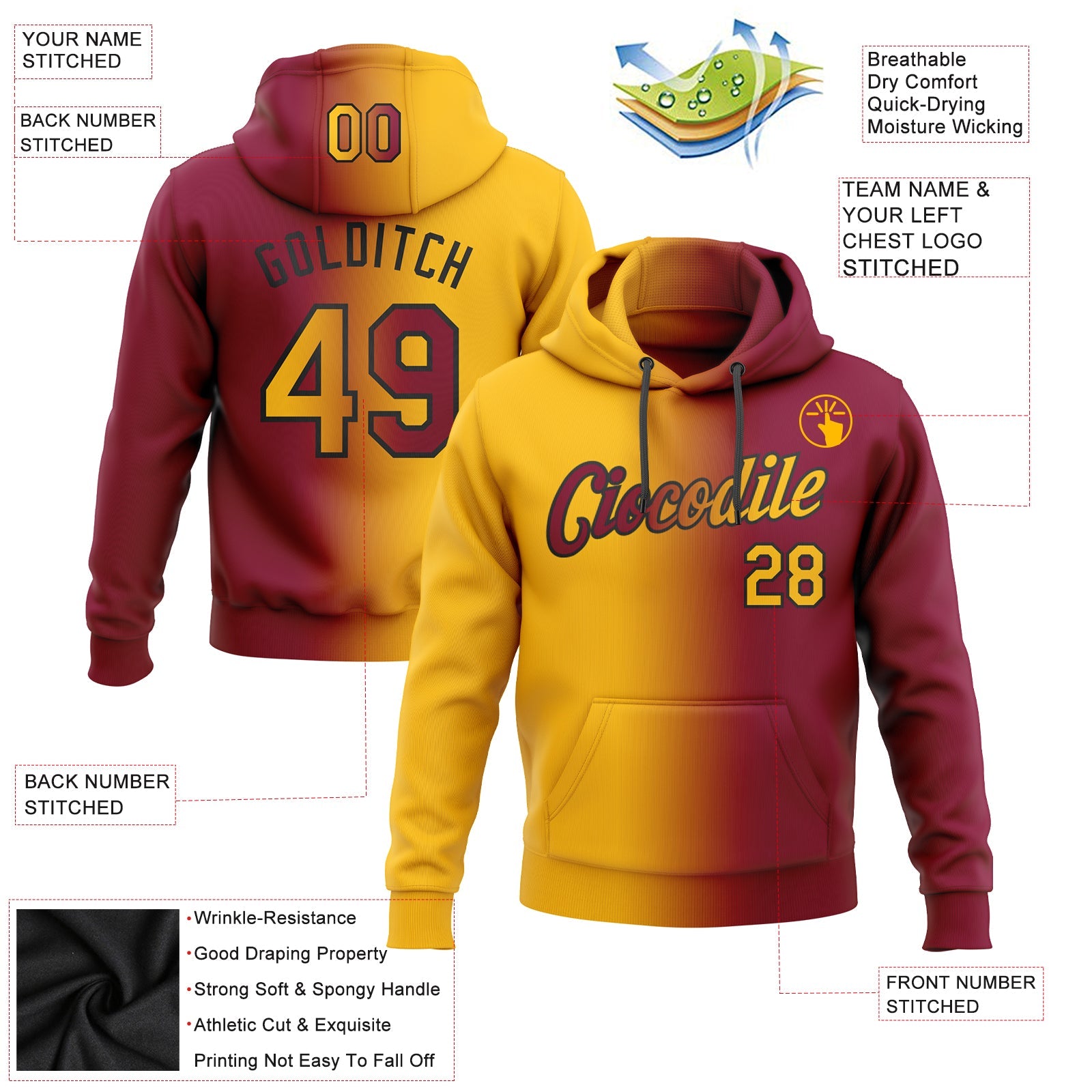 Custom Gradient Fashion Maroon Gold-Black Sports Pullover Sweatshirt Hoodie