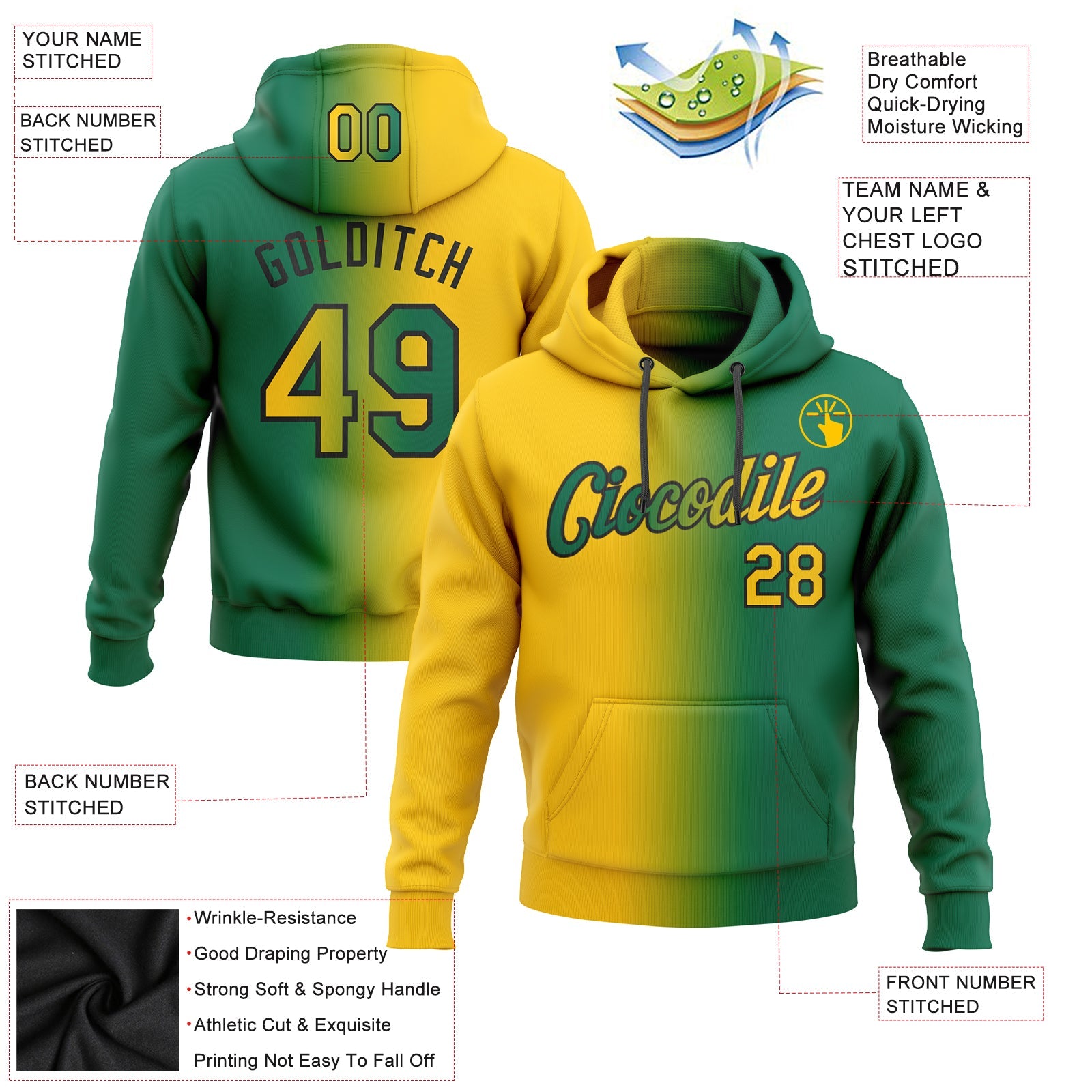 Custom Gradient Fashion Kelly Green Yellow-Black Sports Pullover Sweatshirt Hoodie
