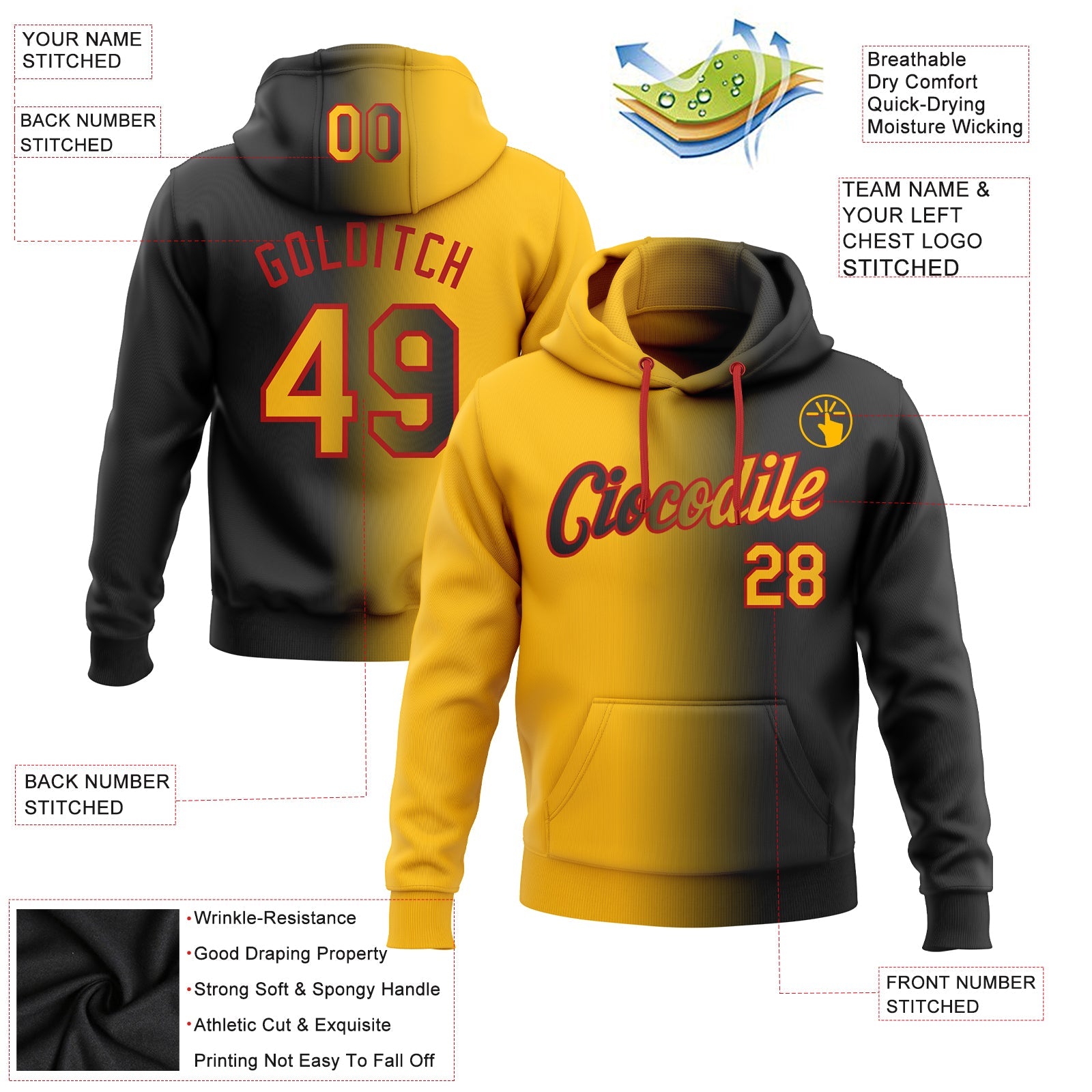 Custom Gradient Fashion Black Gold-Red Sports Pullover Sweatshirt Hoodie