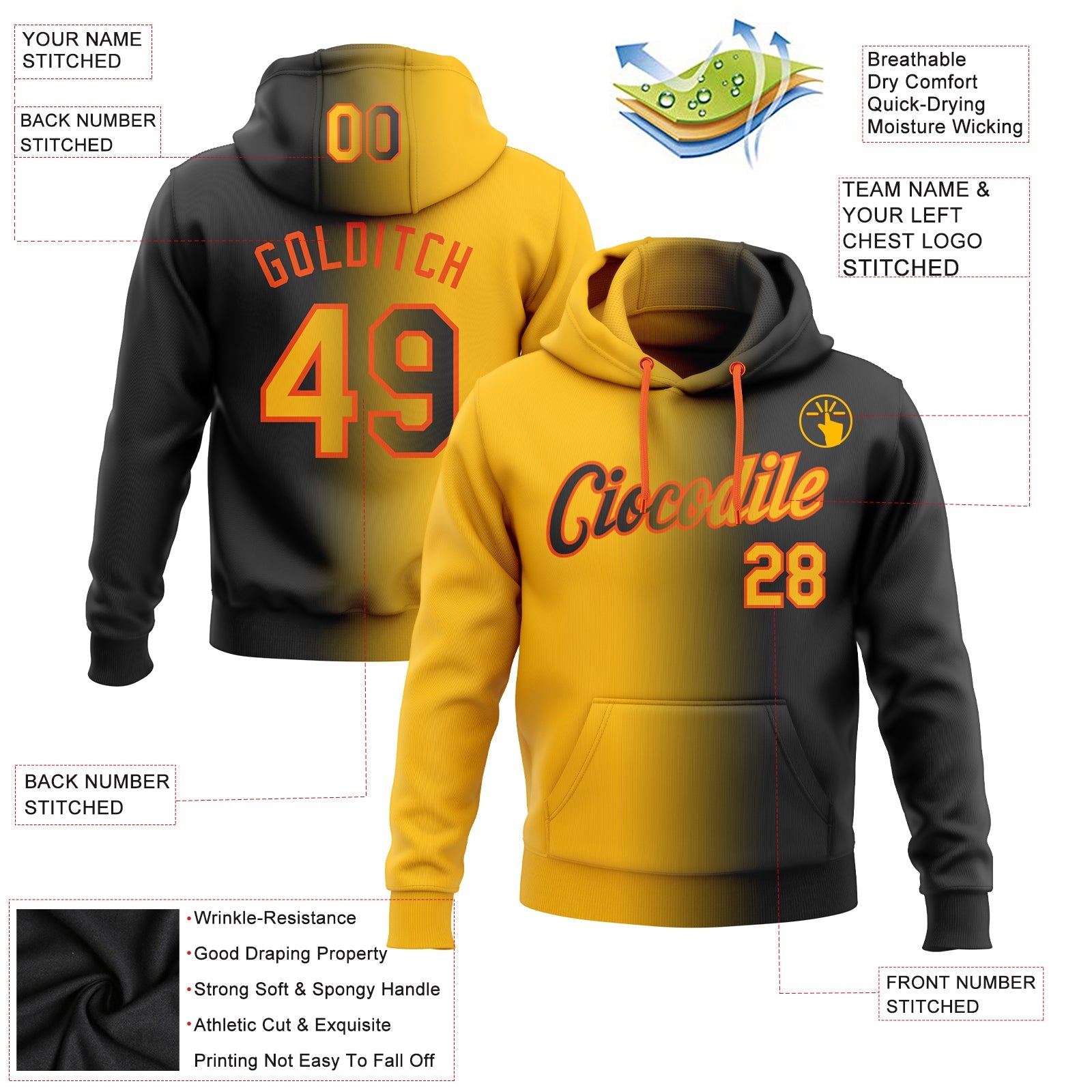 Custom Gradient Fashion Black Gold-Orange Sports Pullover Sweatshirt Hoodie