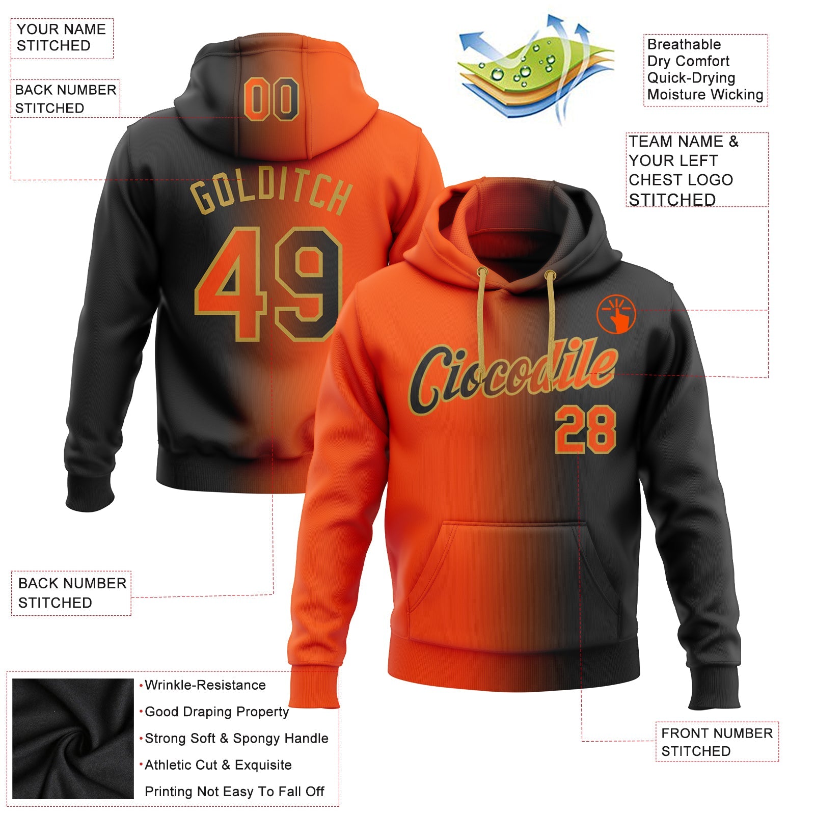 Custom Gradient Fashion Black Orange-Old Gold Sports Pullover Sweatshirt Hoodie