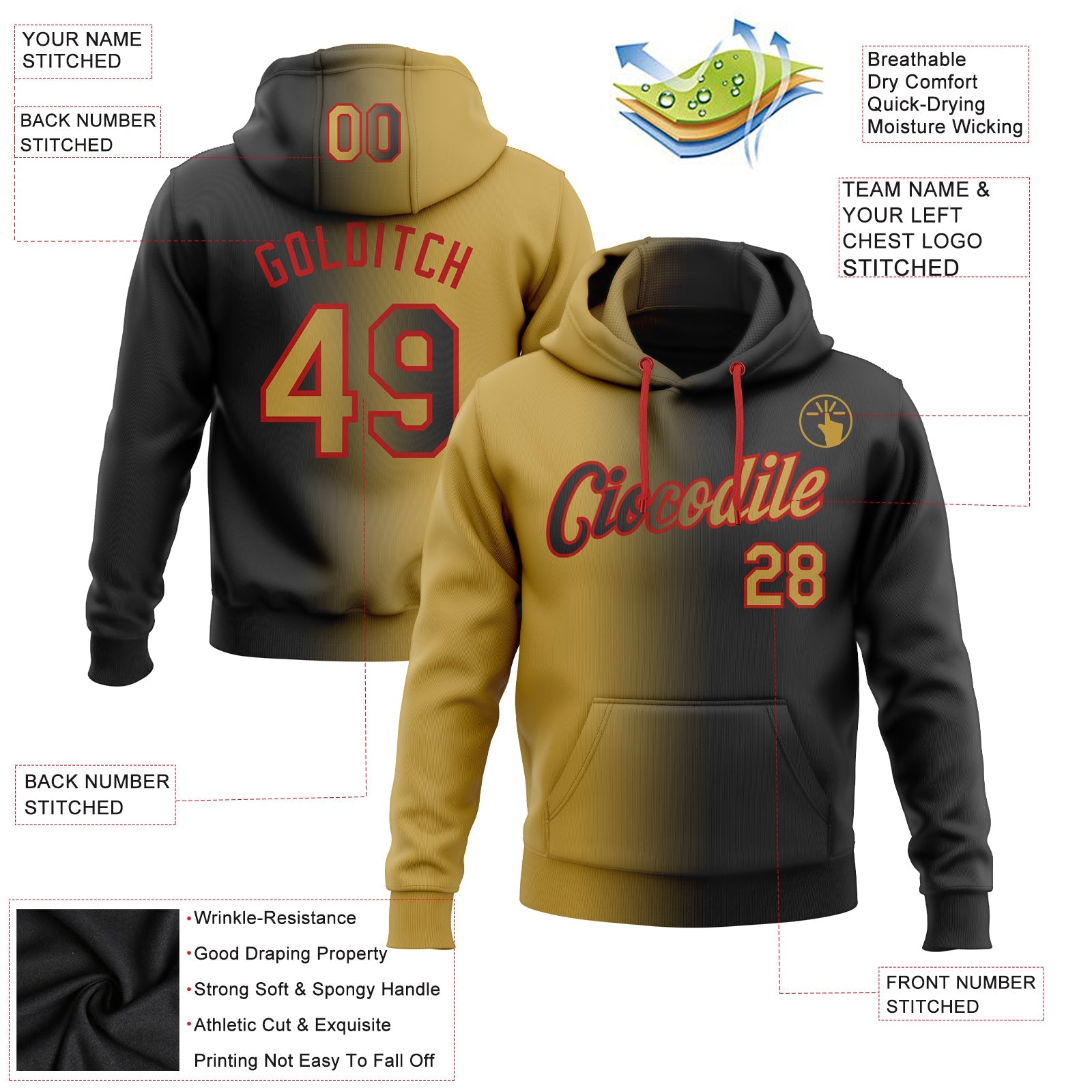 Custom Gradient Fashion Black Old Gold-Red Sports Pullover Sweatshirt Hoodie