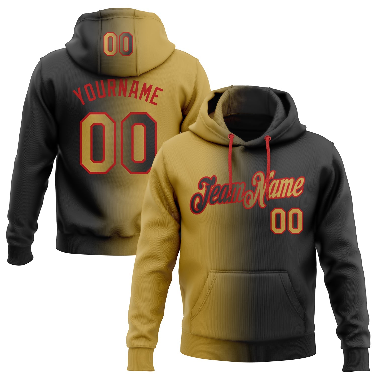 Custom Gradient Fashion Black Old Gold-Red Sports Pullover Sweatshirt Hoodie