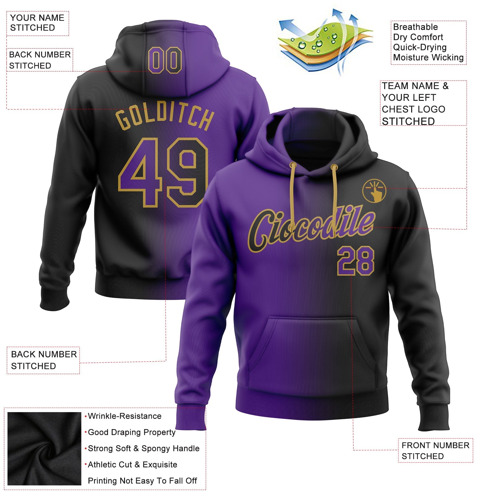 Custom Gradient Fashion Black Purple-Old Gold Sports Pullover Sweatshirt Hoodie