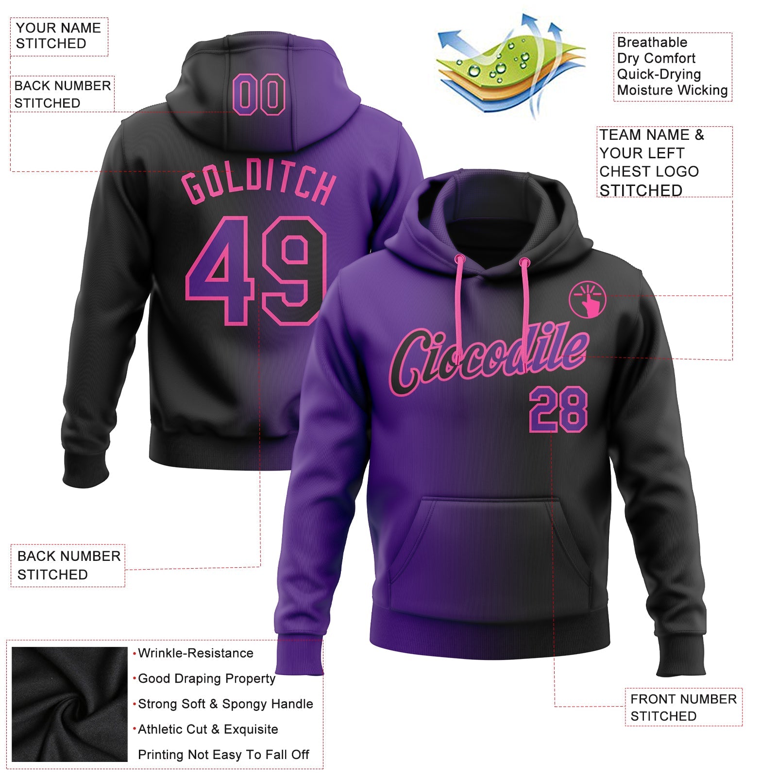 Custom Gradient Fashion Black Purple-Pink Sports Pullover Sweatshirt Hoodie