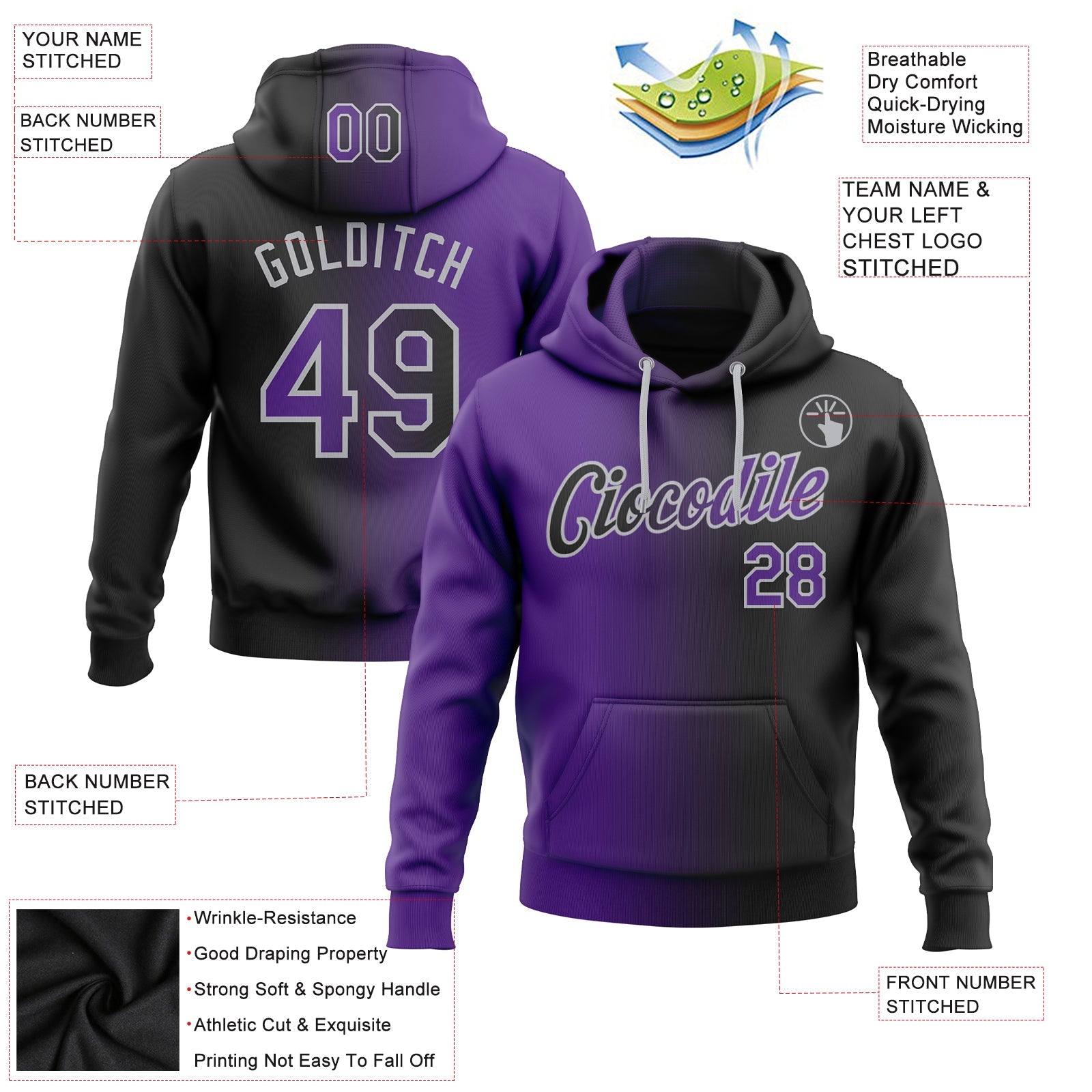 Custom Gradient Fashion Black Purple-Gray Sports Pullover Sweatshirt Hoodie