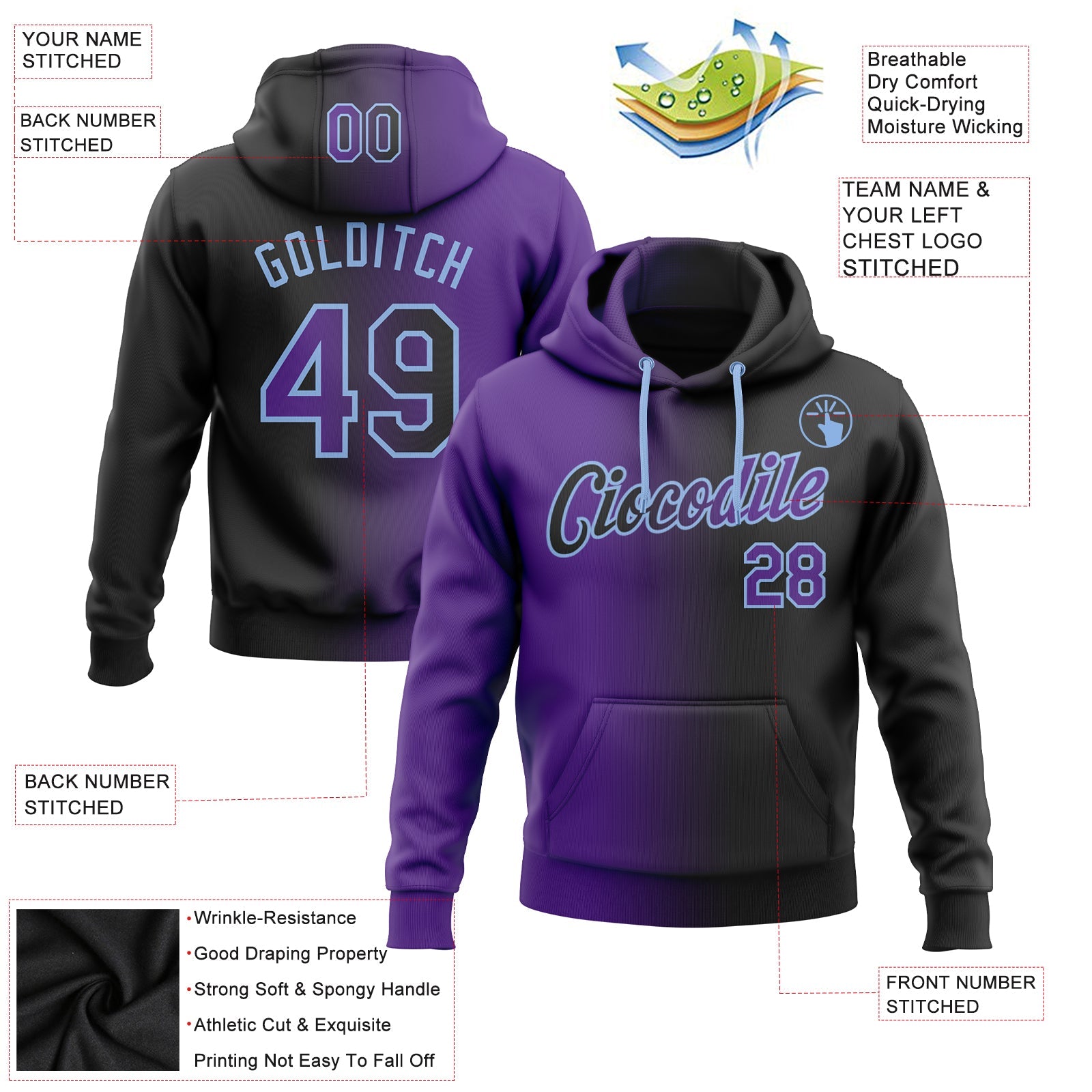 Custom Gradient Fashion Black Purple-Light Blue Sports Pullover Sweatshirt Hoodie