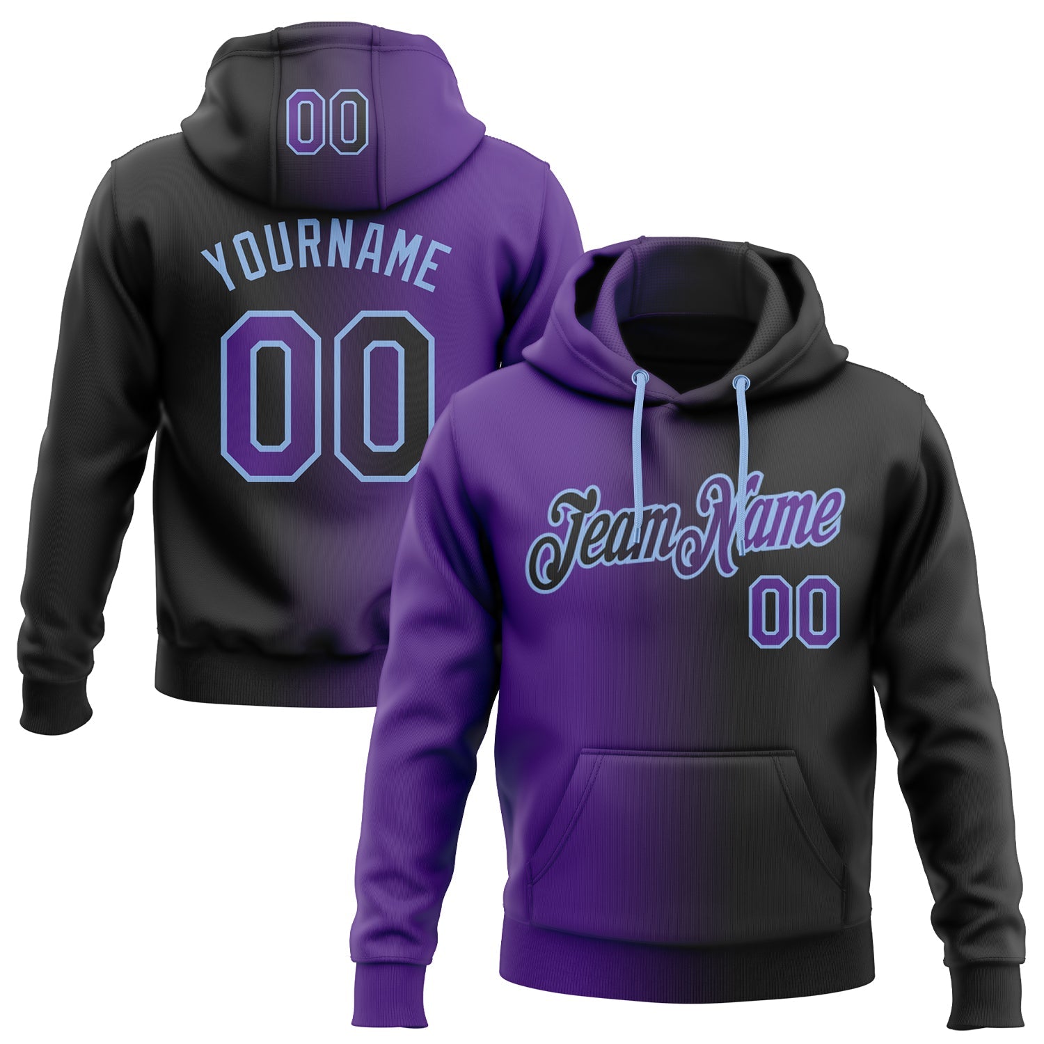 Custom Gradient Fashion Black Purple-Light Blue Sports Pullover Sweatshirt Hoodie