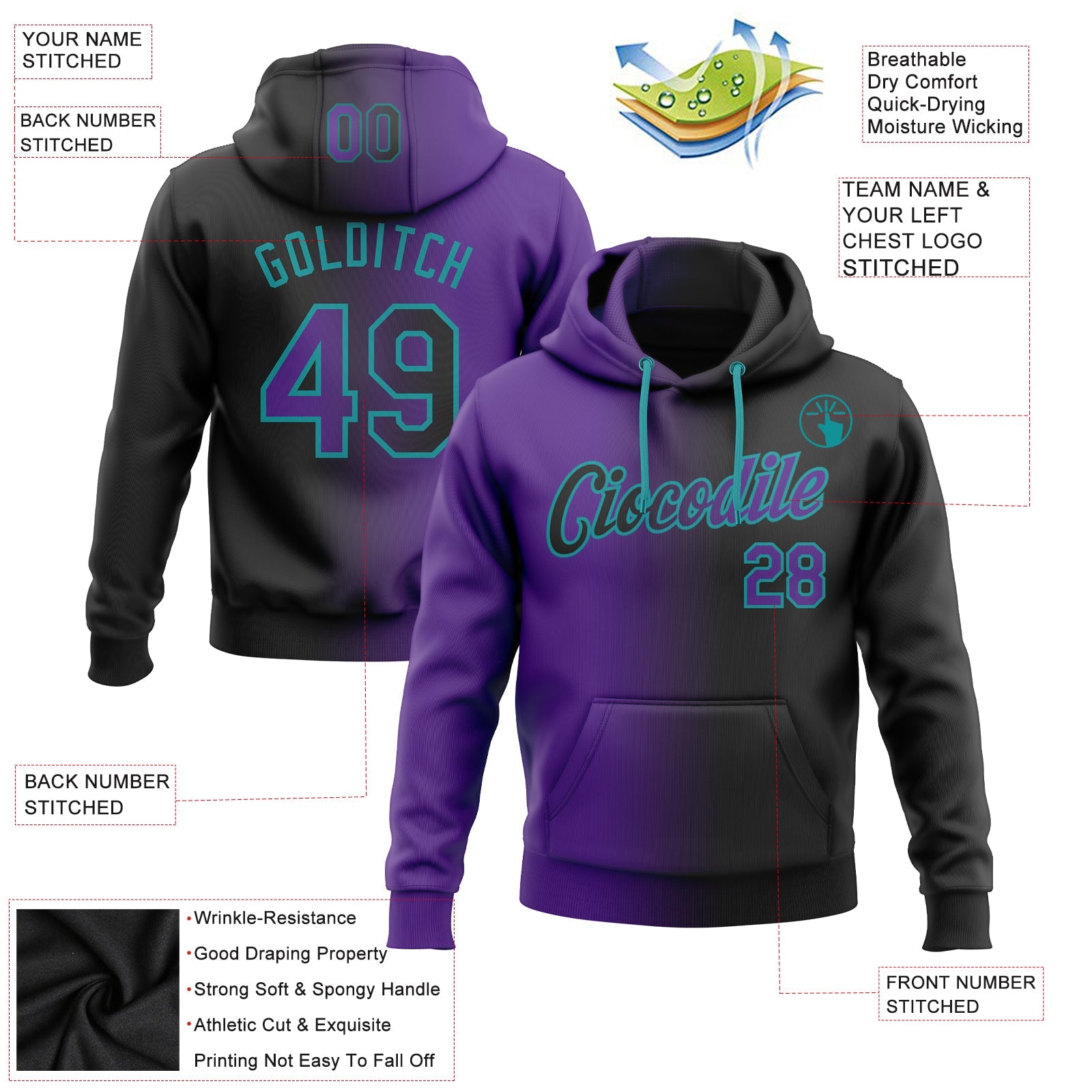 Custom Gradient Fashion Black Purple-Teal Sports Pullover Sweatshirt Hoodie
