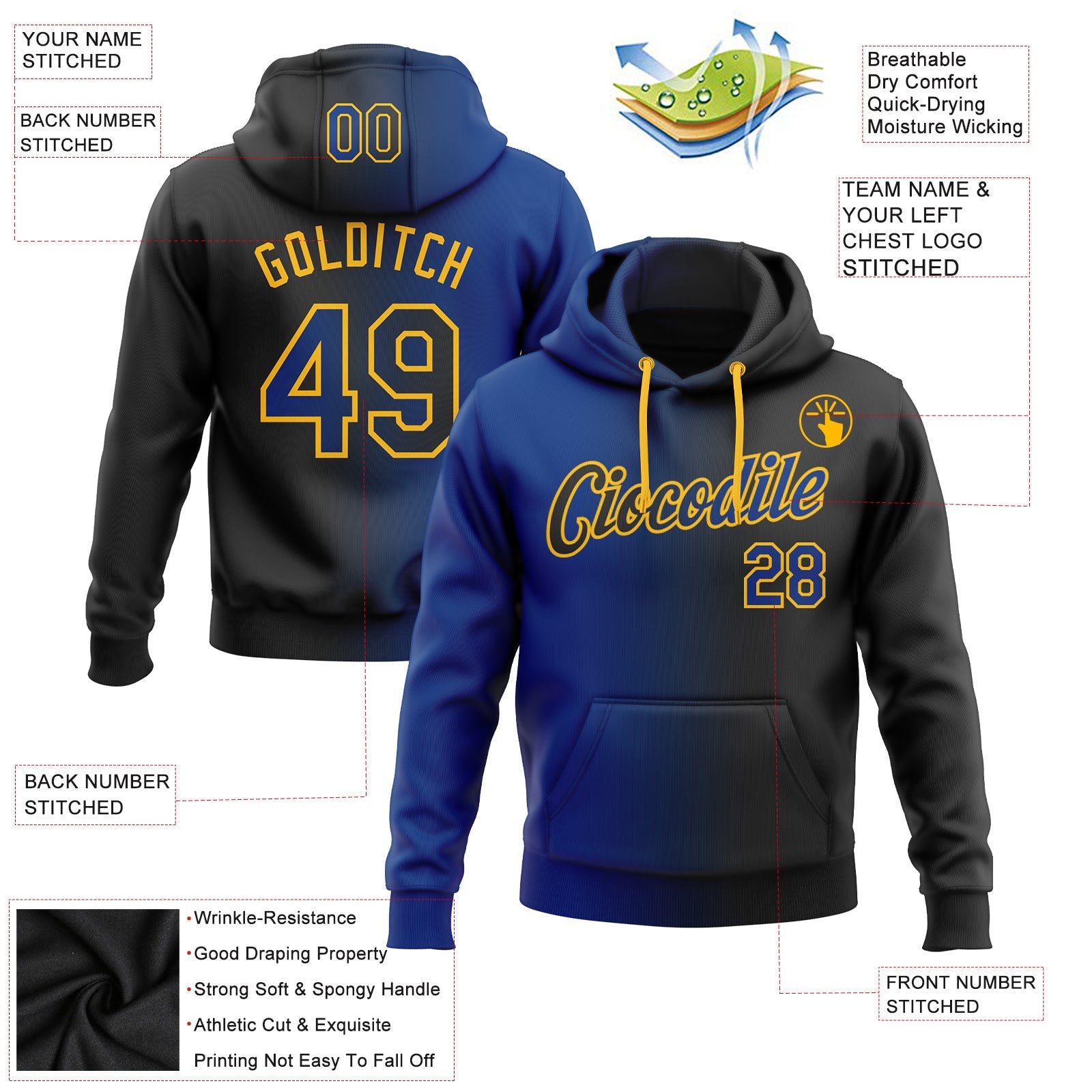 Custom Gradient Fashion Black Royal-Gold Sports Pullover Sweatshirt Hoodie