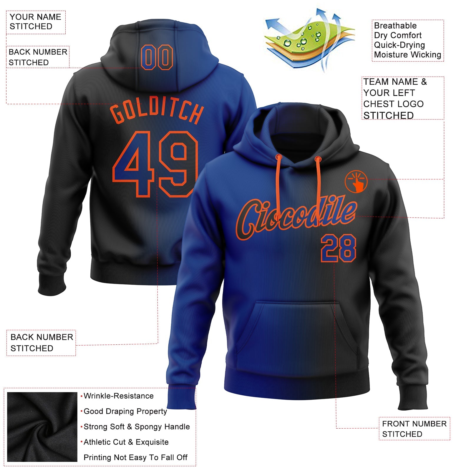Custom Gradient Fashion Black Royal-Orange Sports Pullover Sweatshirt Hoodie