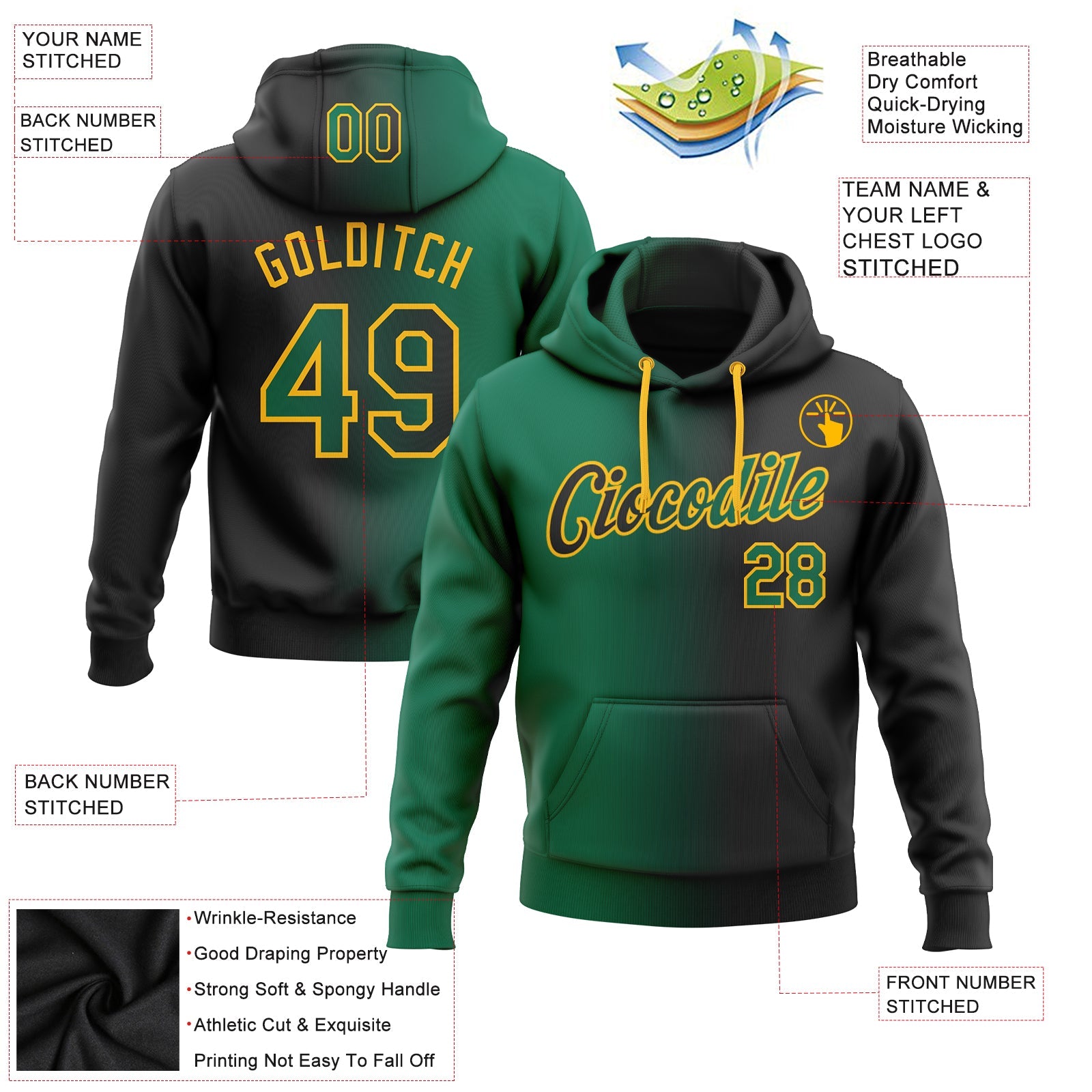 Custom Gradient Fashion Black Kelly Green-Gold Sports Pullover Sweatshirt Hoodie