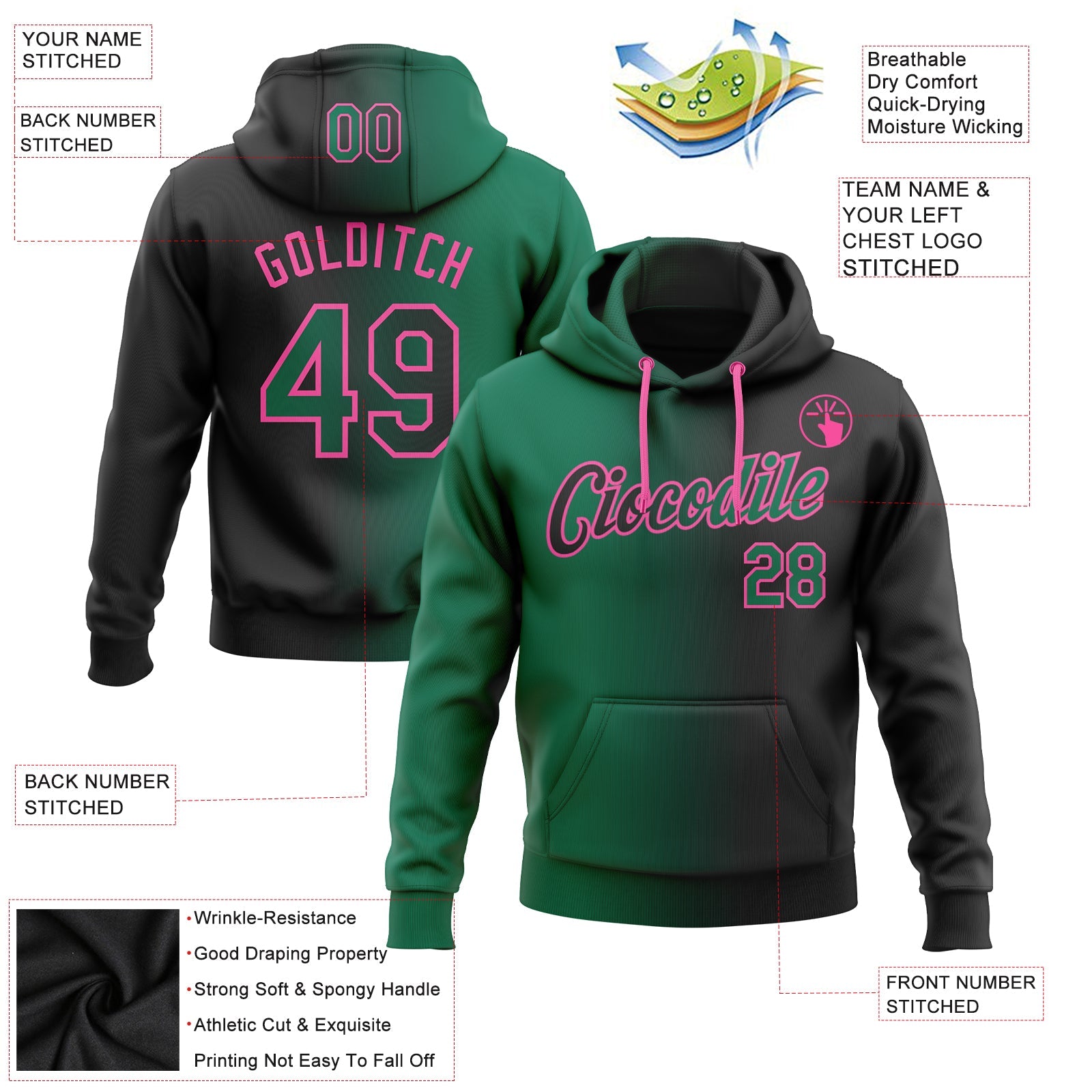 Custom Gradient Fashion Black Kelly Green-Pink Sports Pullover Sweatshirt Hoodie