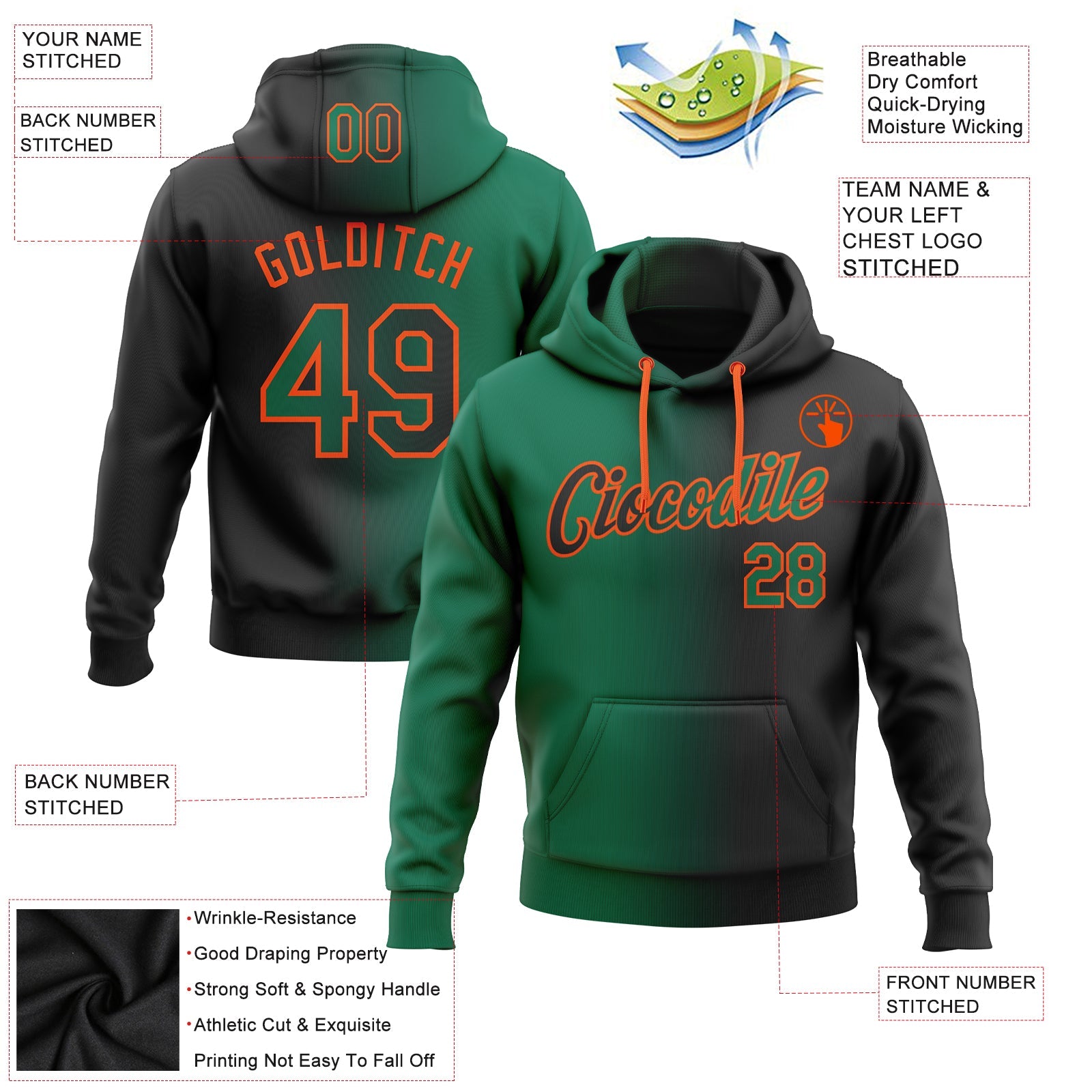Custom Gradient Fashion Black Kelly Green-Orange Sports Pullover Sweatshirt Hoodie