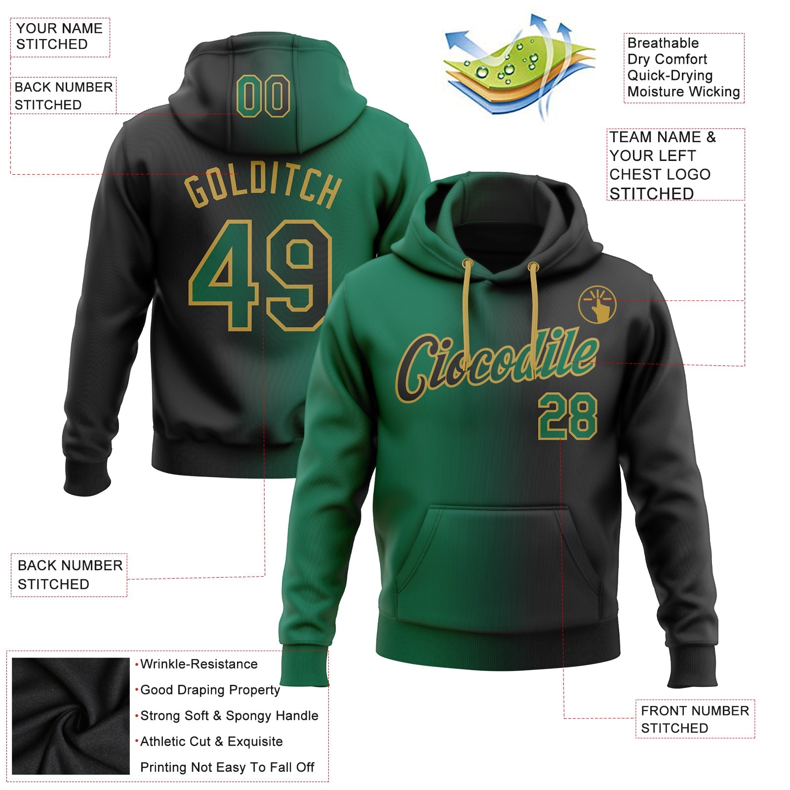 Custom Gradient Fashion Black Kelly Green-Old Gold Sports Pullover Sweatshirt Hoodie