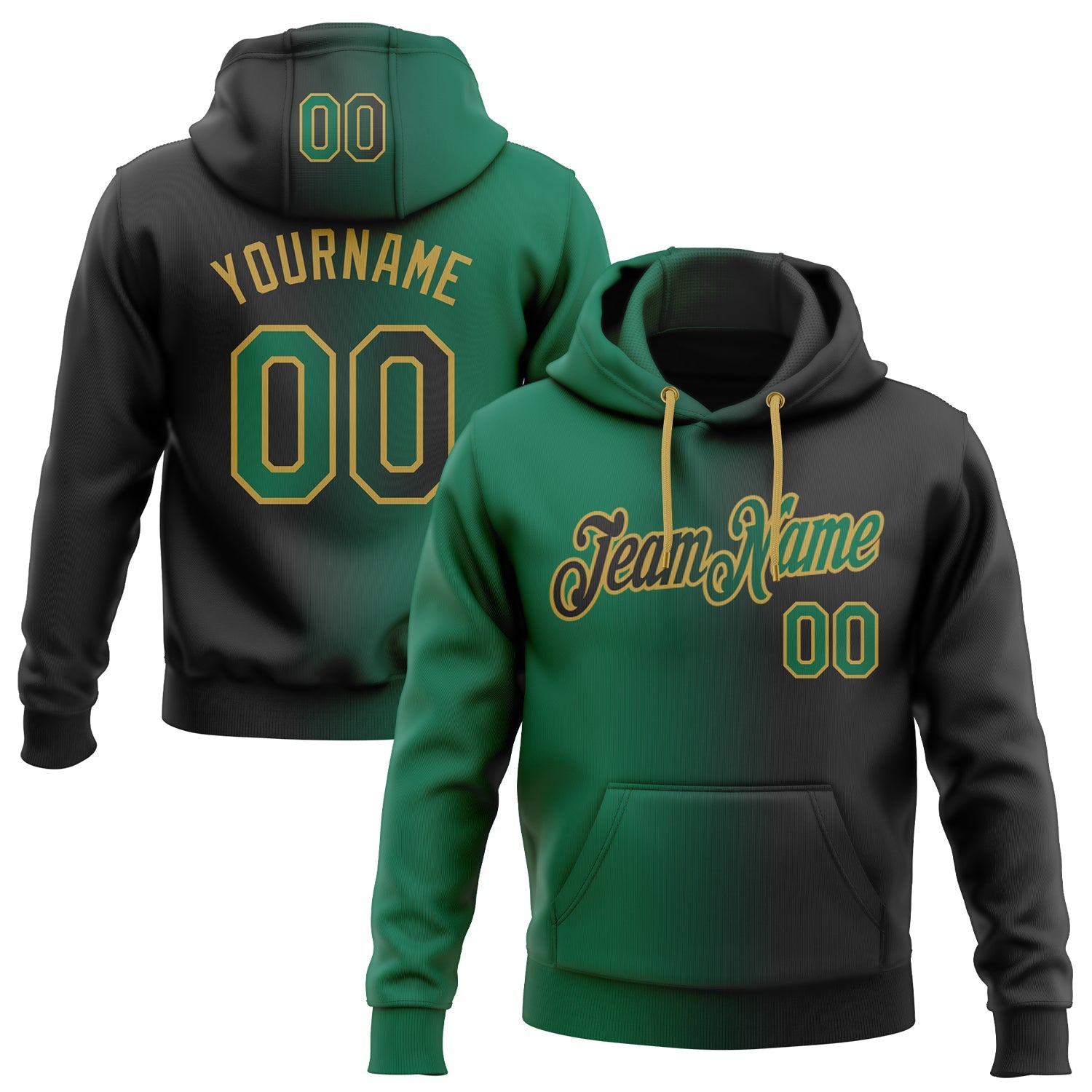 Custom Gradient Fashion Black Kelly Green-Old Gold Sports Pullover Sweatshirt Hoodie