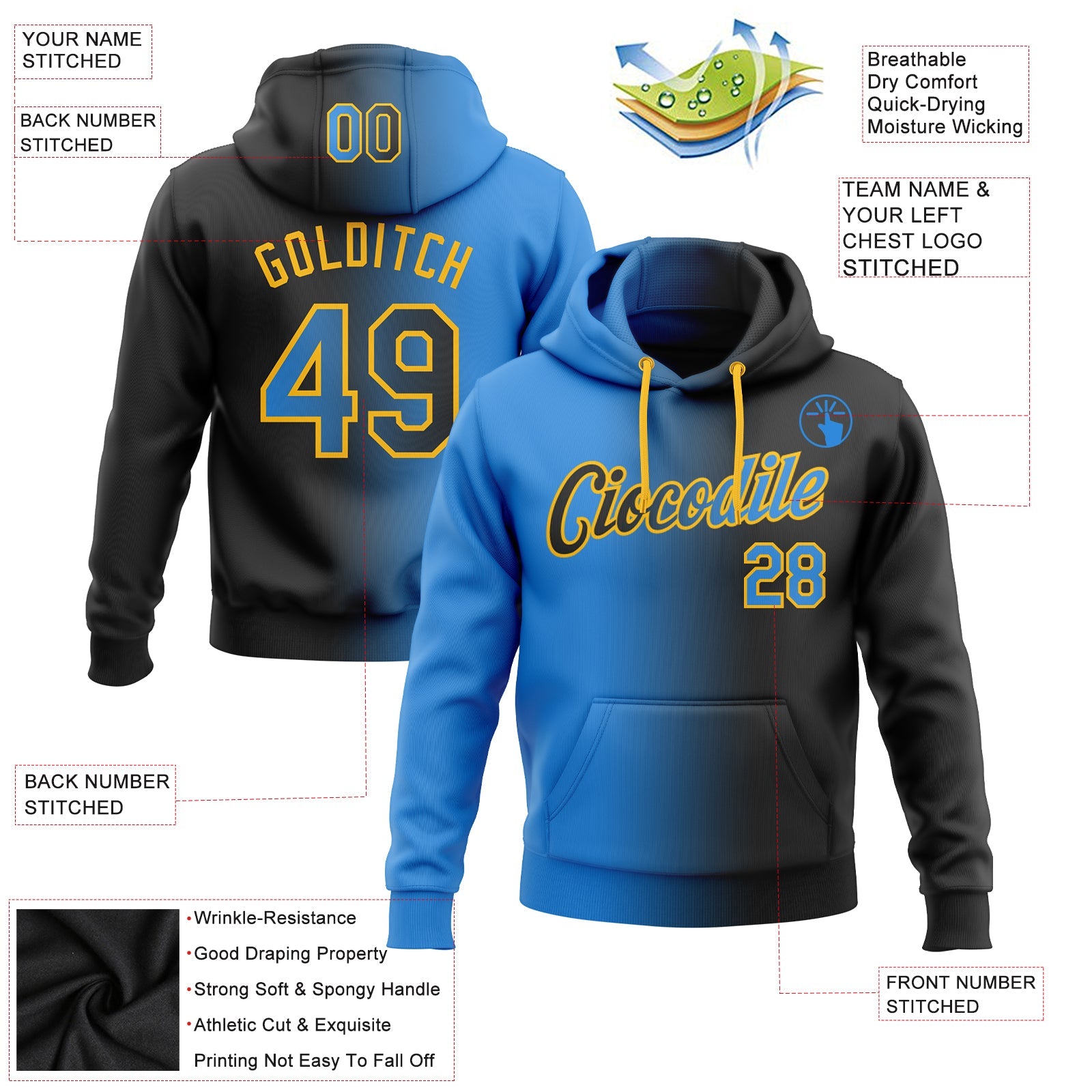 Custom Gradient Fashion Black Electric Blue-Gold Sports Pullover Sweatshirt Hoodie