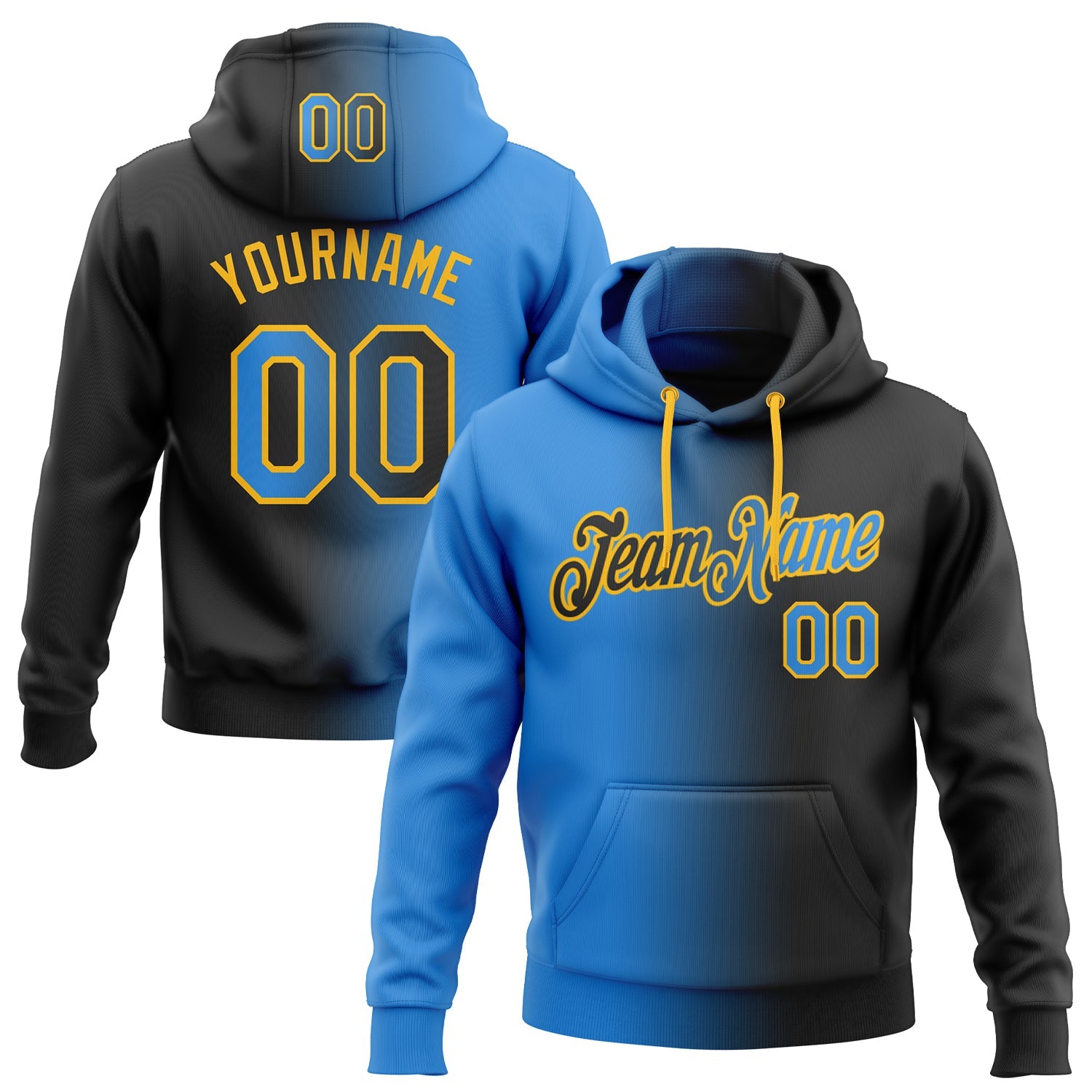 Custom Gradient Fashion Black Electric Blue-Gold Sports Pullover Sweatshirt Hoodie
