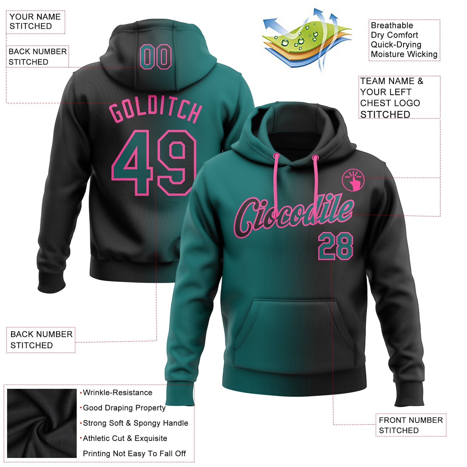 Custom Gradient Fashion Black Teal-Pink Sports Pullover Sweatshirt Hoodie