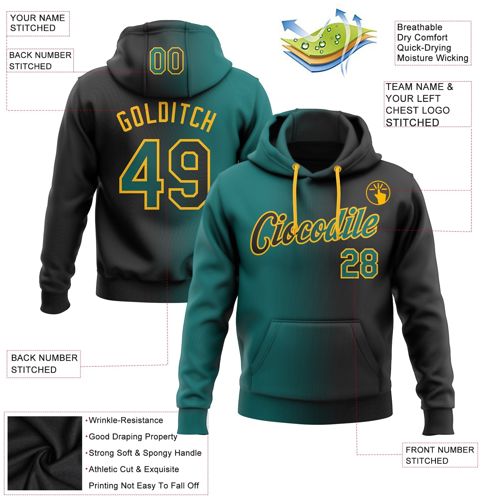 Custom Gradient Fashion Black Teal-Gold Sports Pullover Sweatshirt Hoodie