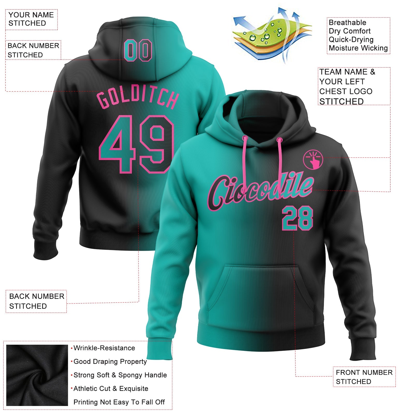 Custom Gradient Fashion Black Aqua-Pink Sports Pullover Sweatshirt Hoodie