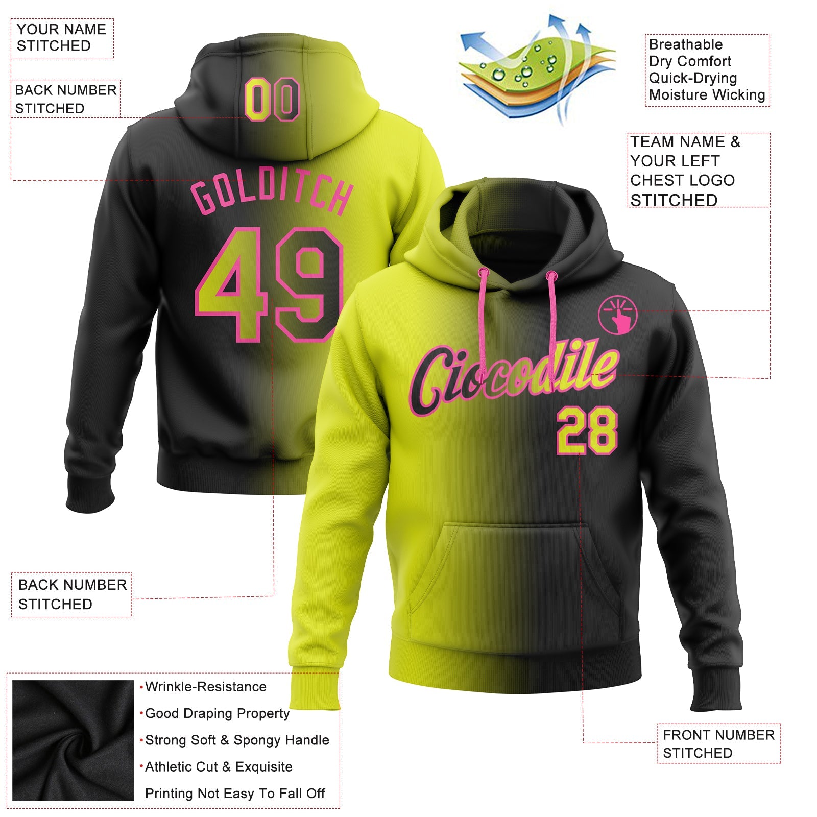 Custom Gradient Fashion Black Neon Yellow-Pink Sports Pullover Sweatshirt Hoodie