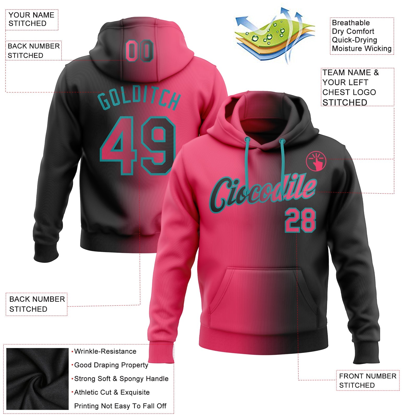 Custom Gradient Fashion Black Neon Pink-Teal Sports Pullover Sweatshirt Hoodie