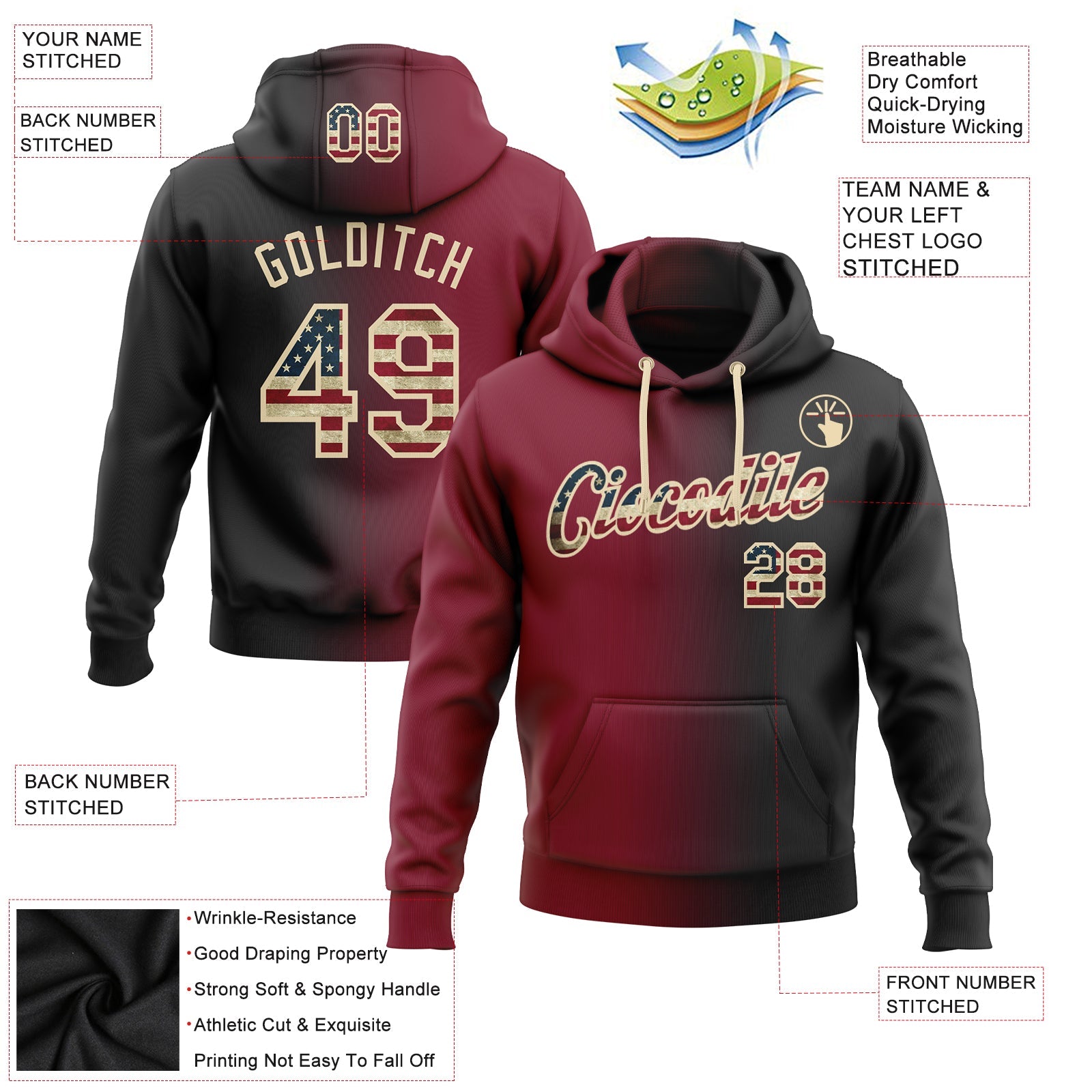Custom Gradient Fashion Black Vintage USA Flag Crimson-City Cream Sports Pullover Sweatshirt Hoodie