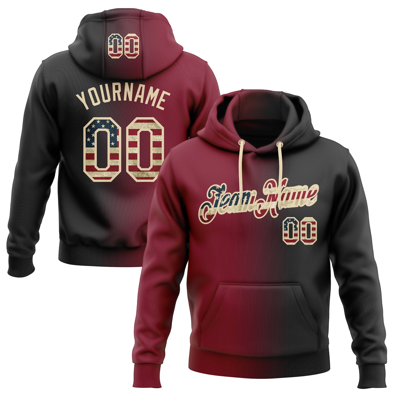 Custom Gradient Fashion Black Vintage USA Flag Crimson-City Cream Sports Pullover Sweatshirt Hoodie