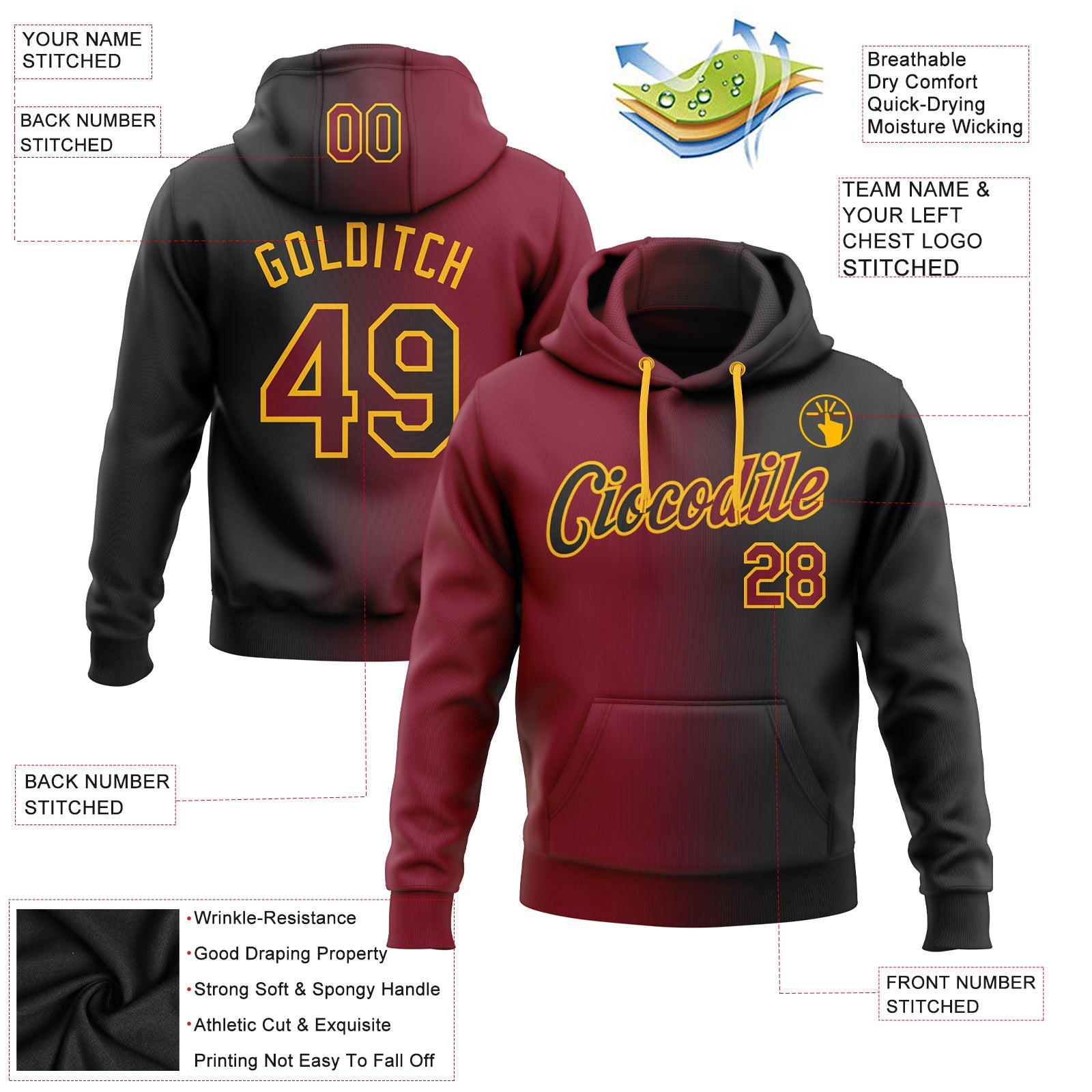 Custom Gradient Fashion Black Crimson-Gold Sports Pullover Sweatshirt Hoodie
