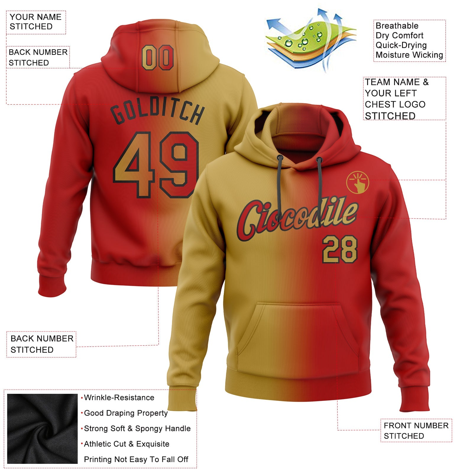 Custom Gradient Fashion Red Old Gold-Black Sports Pullover Sweatshirt Hoodie