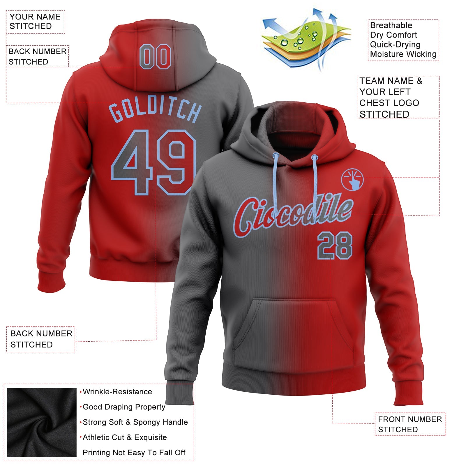 Custom Gradient Fashion Red Steel Gray-Light Blue Sports Pullover Sweatshirt Hoodie