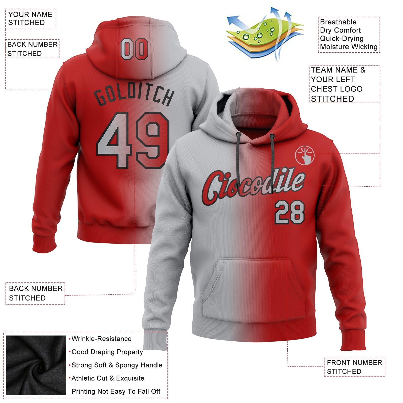 Custom Gradient Fashion Red Gray-Black Sports Pullover Sweatshirt Hoodie