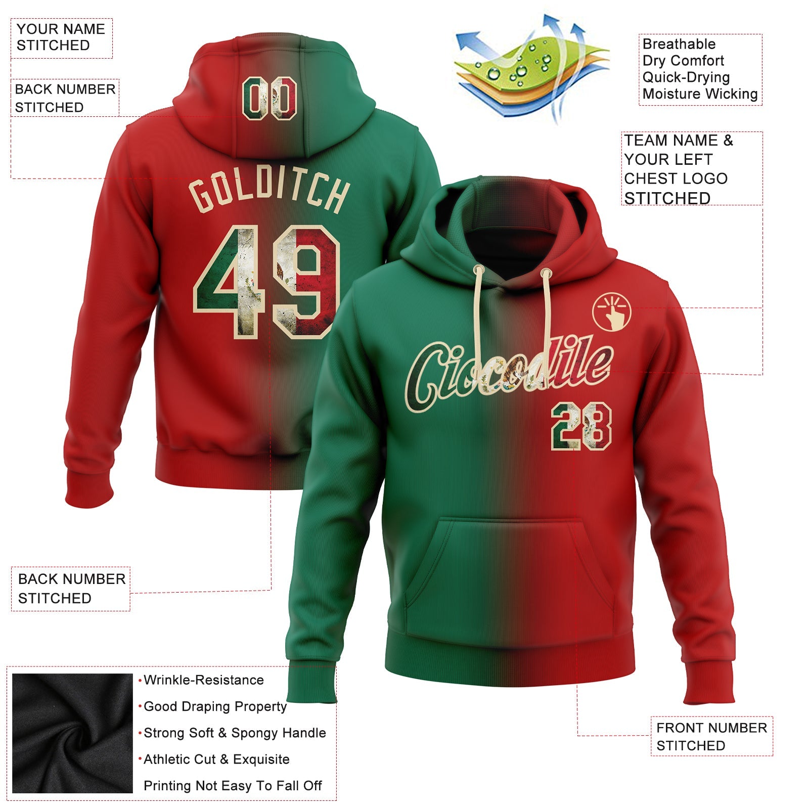 Custom Gradient Fashion Red Vintage Mexican Flag Kelly Green-City Cream Sports Pullover Sweatshirt Hoodie