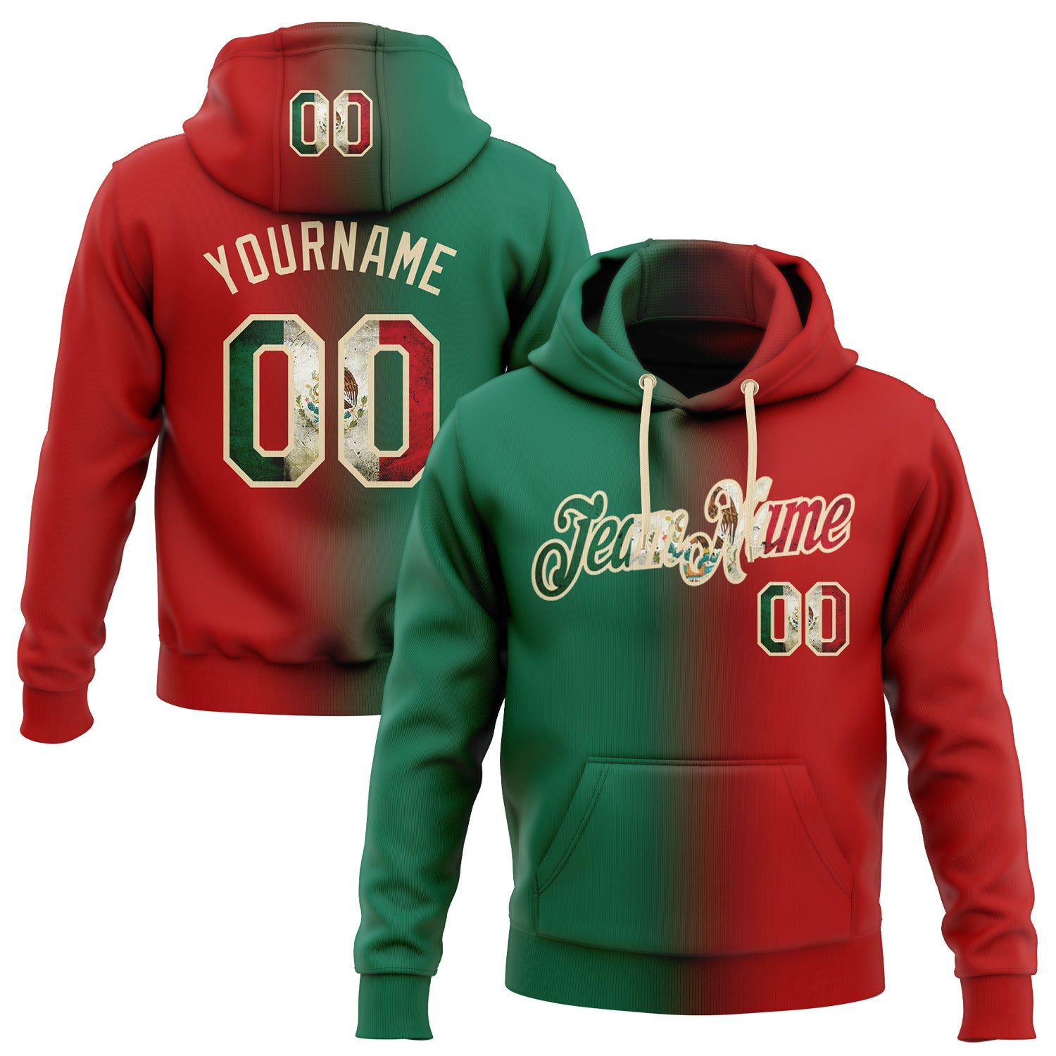 Custom Gradient Fashion Red Vintage Mexican Flag Kelly Green-City Cream Sports Pullover Sweatshirt Hoodie